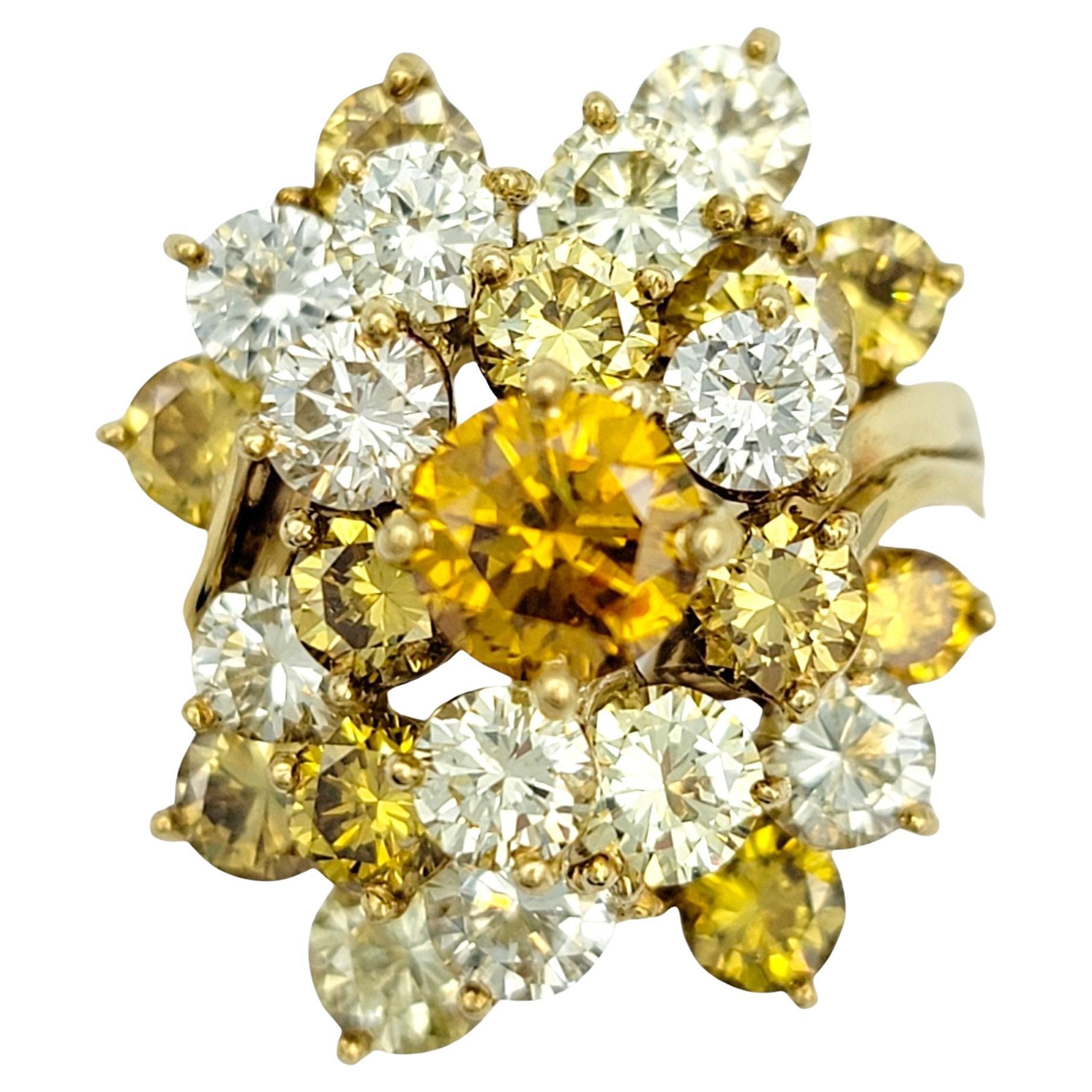 Vintage Fancy Yellow, Fancy Orange and White Diamond Cluster Cocktail Ring Gold For Sale