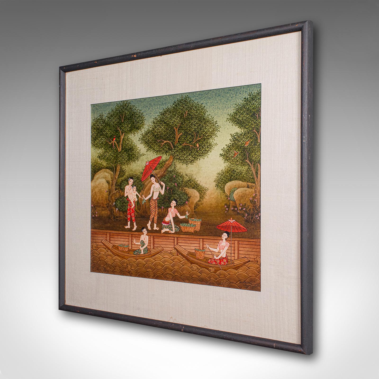 Mid-Century moderno Quadro d'epoca dell'Estremo Oriente, Thai, Gouache incorniciato, Arte popolare, Figure femminili in vendita