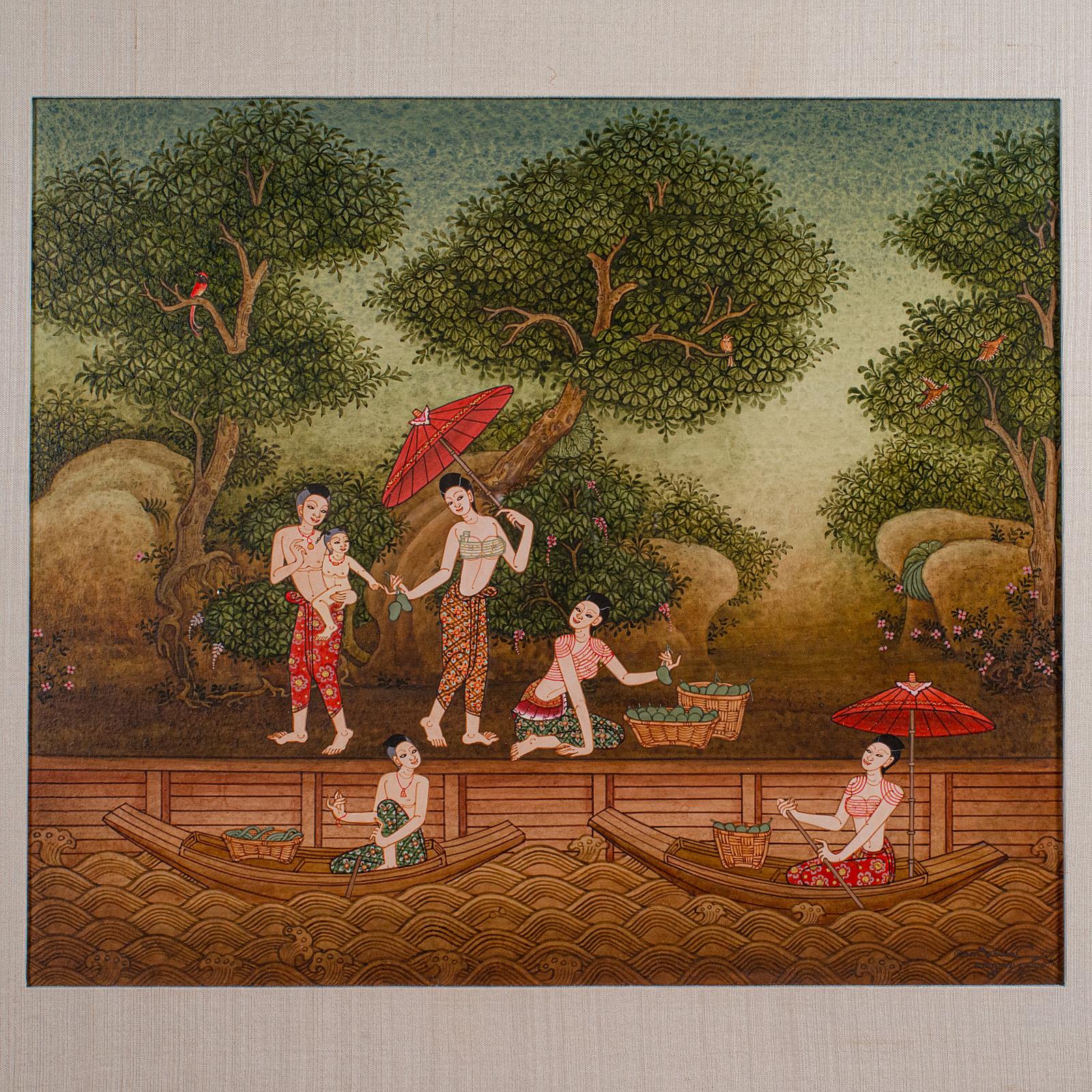 Thailandese Quadro d'epoca dell'Estremo Oriente, Thai, Gouache incorniciato, Arte popolare, Figure femminili in vendita