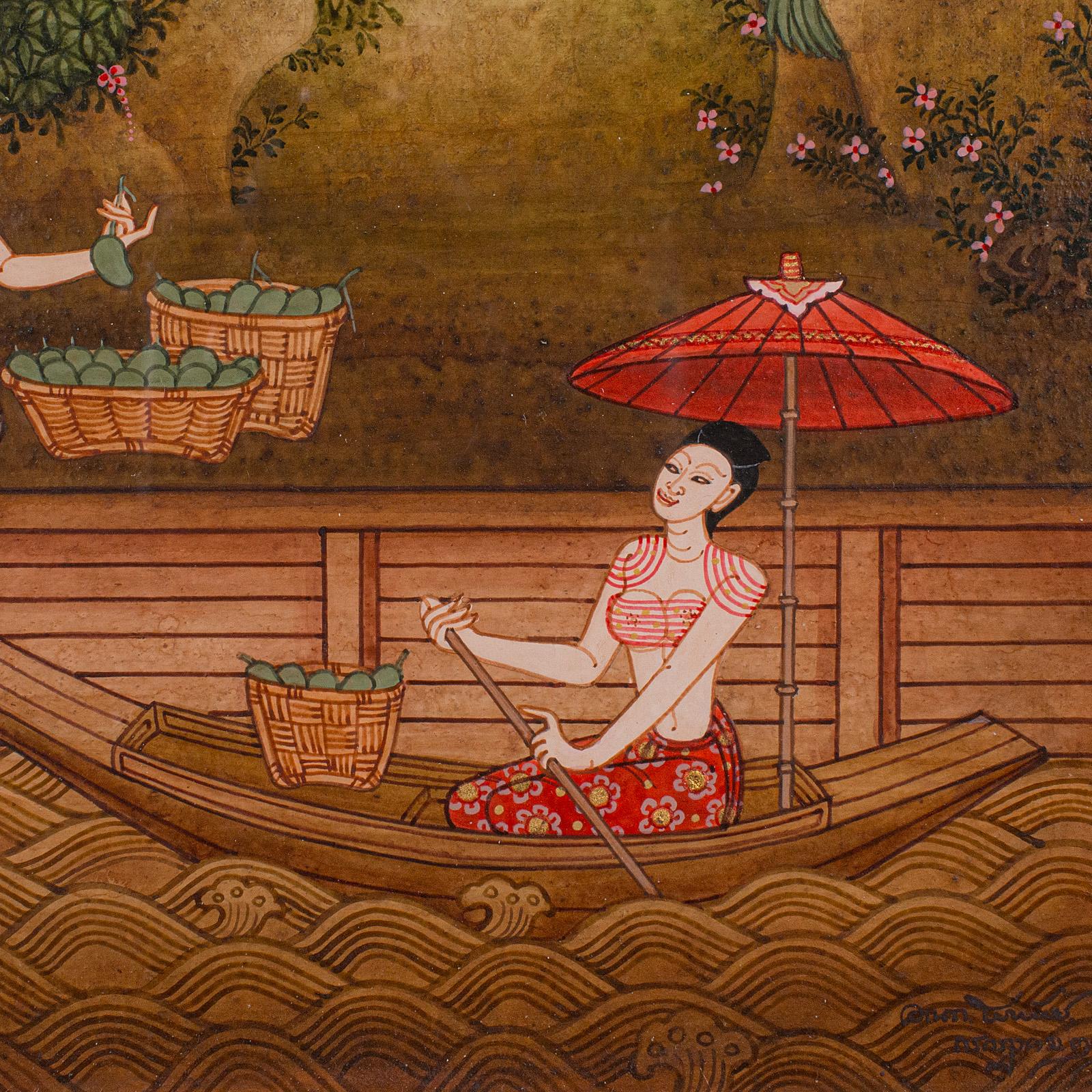 XX secolo Quadro d'epoca dell'Estremo Oriente, Thai, Gouache incorniciato, Arte popolare, Figure femminili in vendita