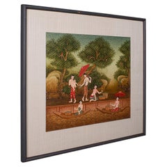 Vintage Far Eastern Painting, Thai, Framed Gouache, Folk Art, Female Figures