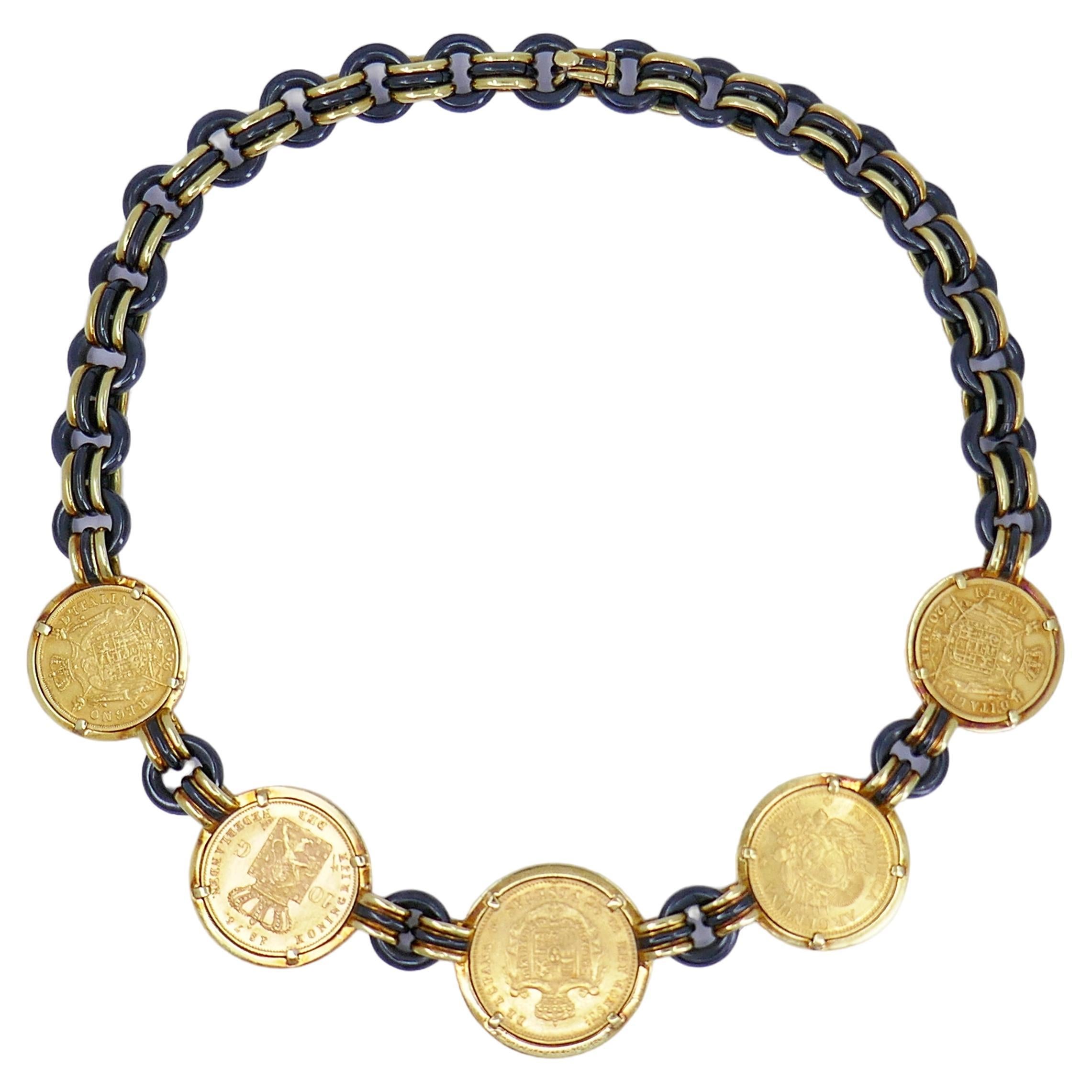 Vintage Faraone 18k Gold Coin Necklace Gunmetal Italy Estate Jewelry Unisexe en vente