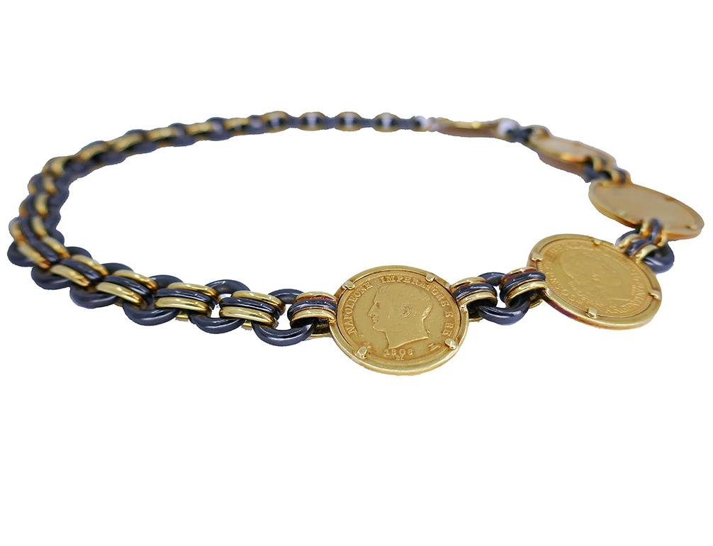 Vintage Faraone 18k Gold Coin Necklace Gunmetal Italy Estate Jewelry en vente 1