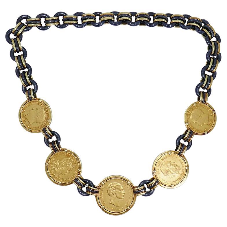 Vintage Faraone 18k Gold Coin Necklace Gunmetal Italy Estate Jewelry en vente
