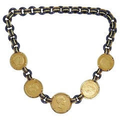 Vintage Faraone 18k Gold Coin Necklace Gunmetal Italy Estate Jewelry