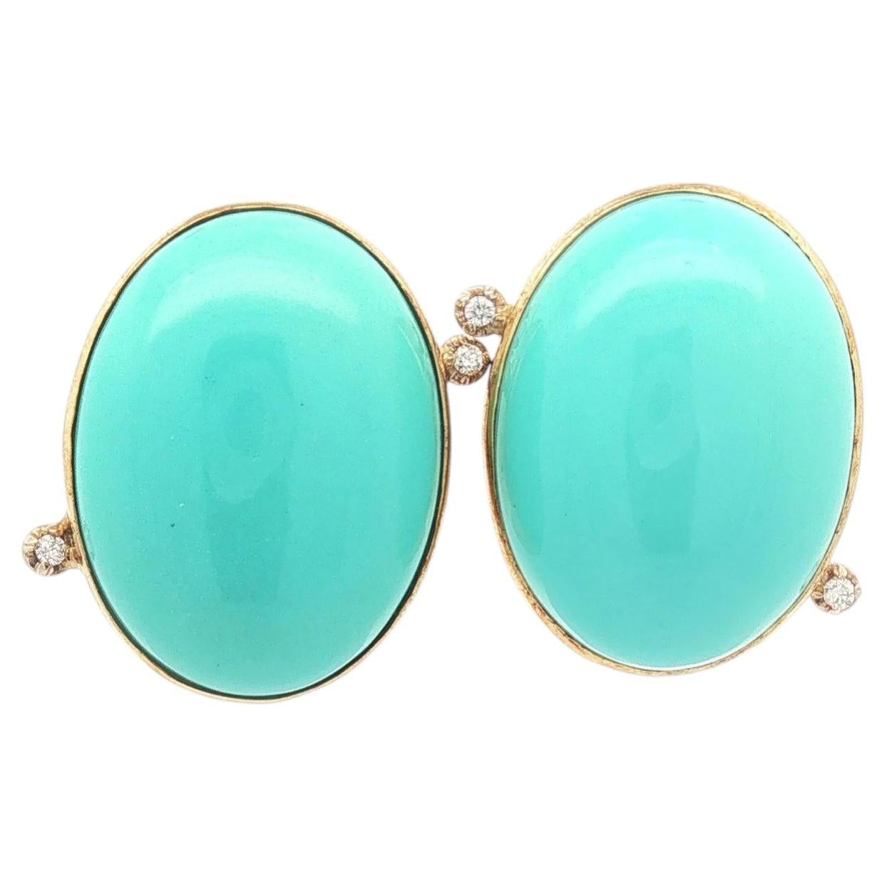 Vintage Faraone Mennella 18k Gold Turquoise Flared Diamond Oval Button Earrings For Sale