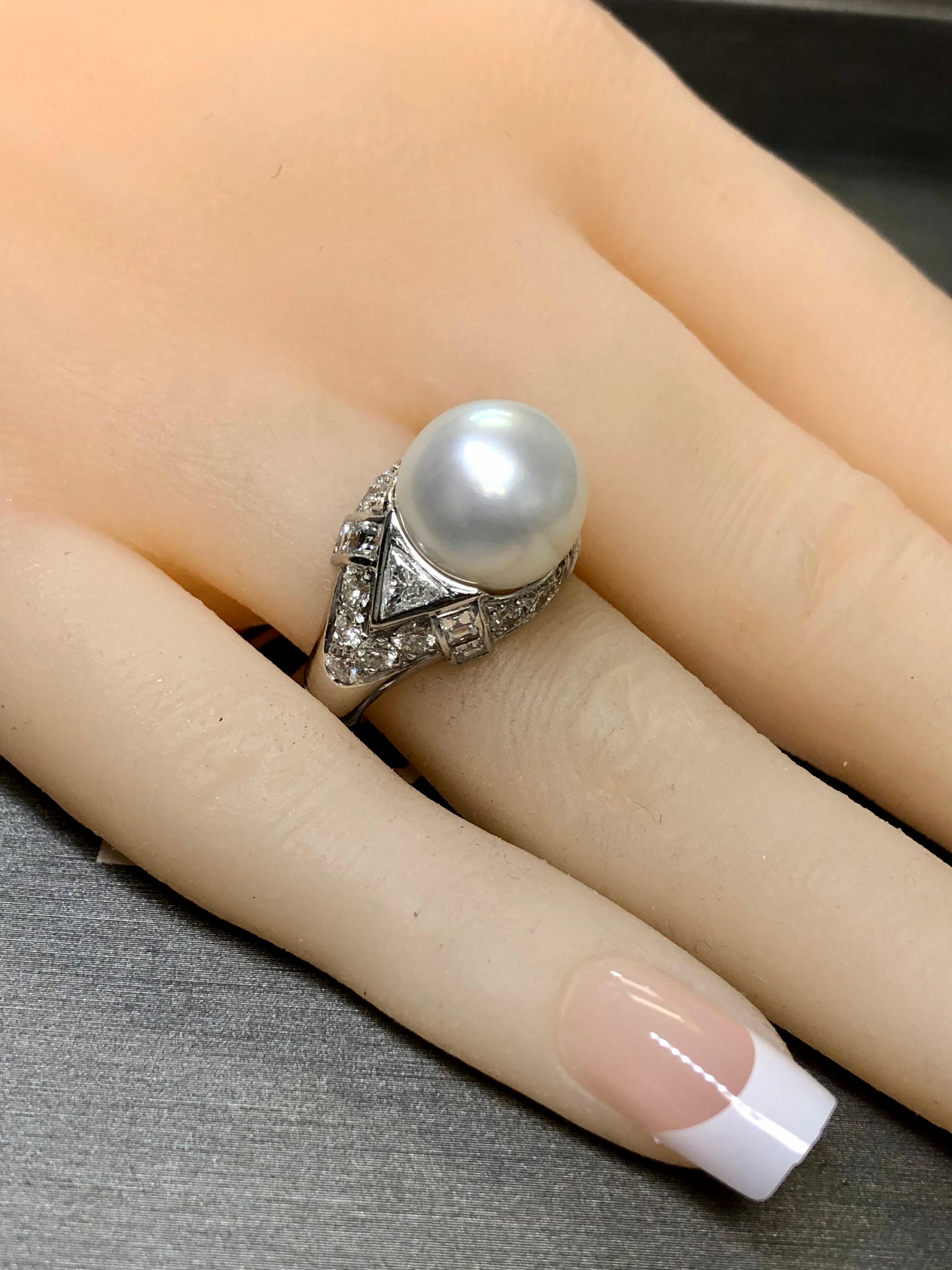 FARAONE Platin Südseeperlen Trillion Quadratischer Diamant-Ring Größe 6 7