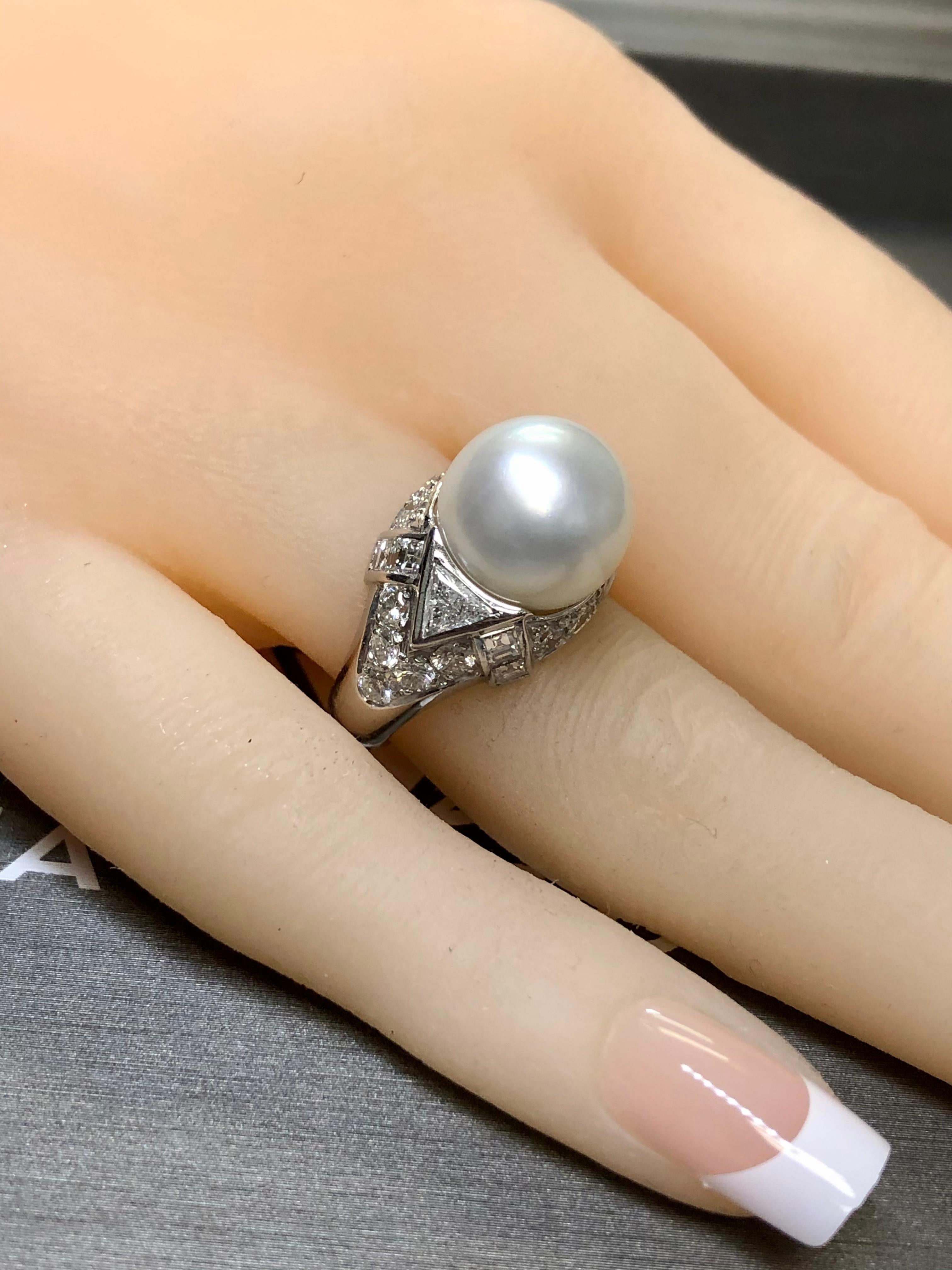 FARAONE Platin Südseeperlen Trillion Quadratischer Diamant-Ring Größe 6 9
