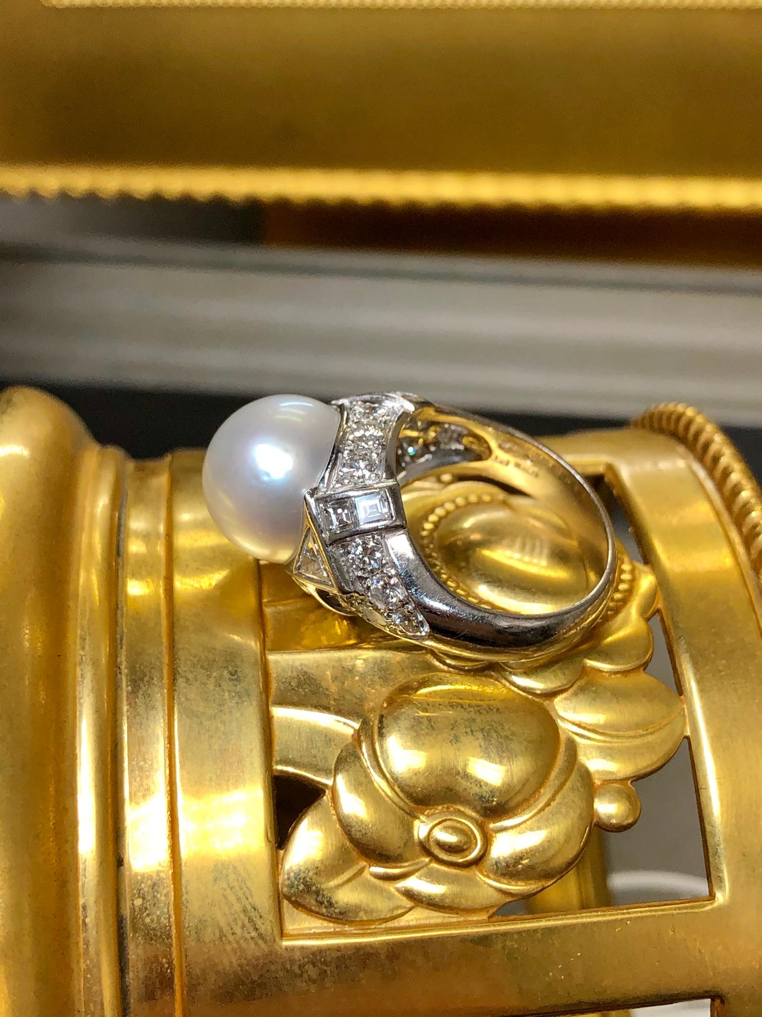 FARAONE Platin Südseeperlen Trillion Quadratischer Diamant-Ring Größe 6 Damen