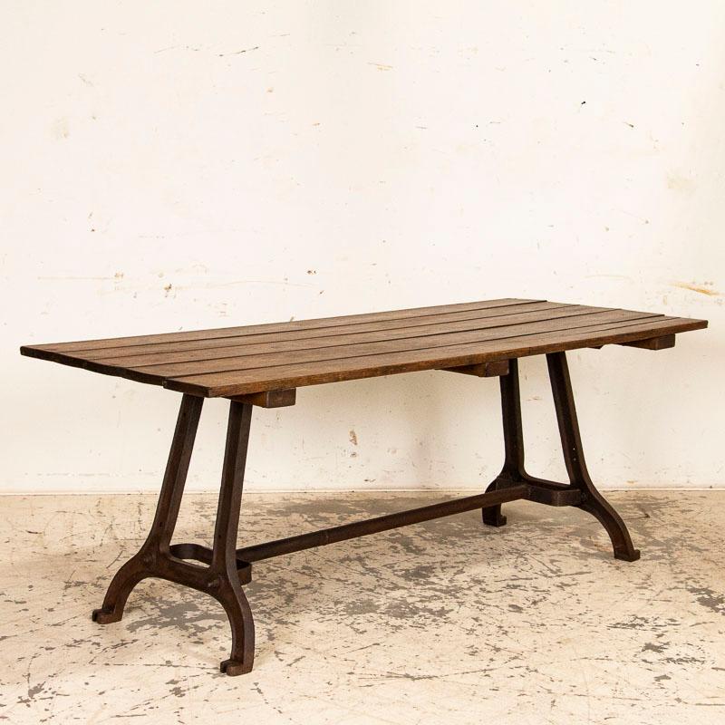 Hungarian Vintage Farm Table Dining Table with Industrial Iron Legs and Stained Wood Top
