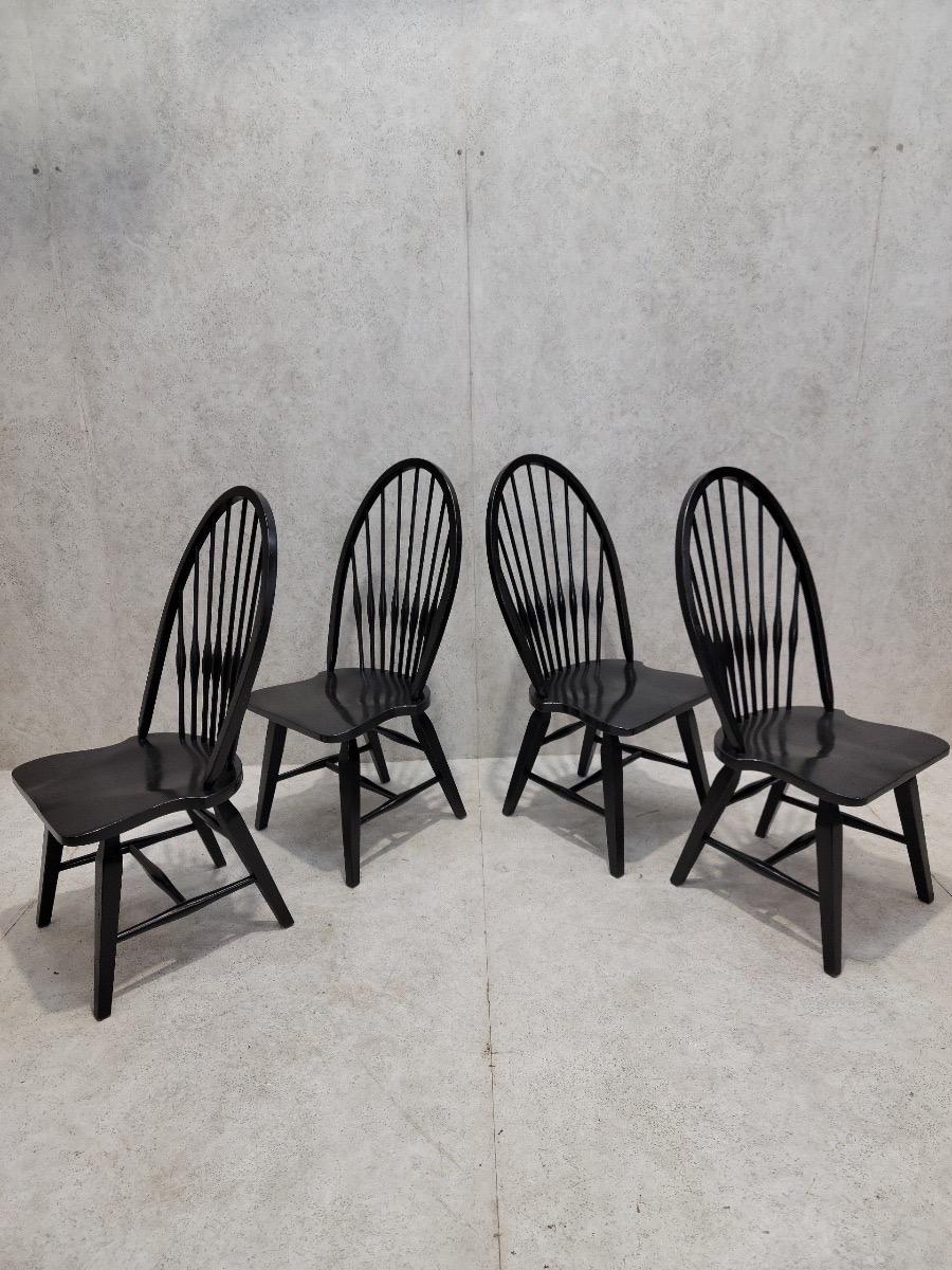 American Vintage Farmhouse Ebony Windsor Spindle Back Dining Chairs - Set of 6 For Sale