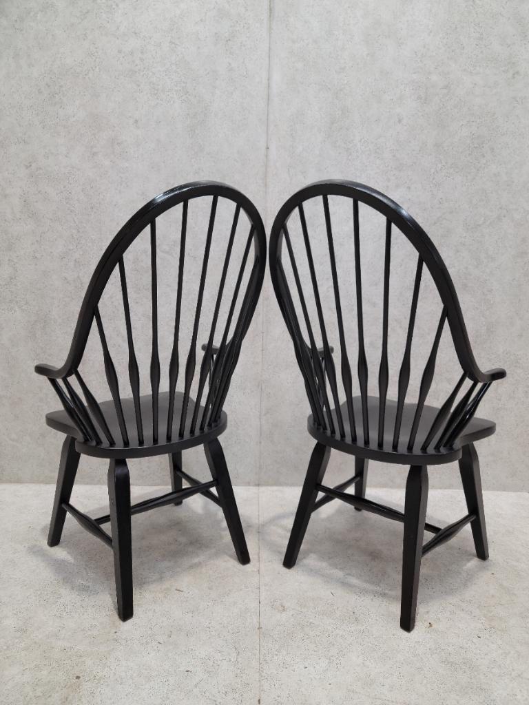 Vintage Farmhouse Ebony Windsor Spindle Back Dining Chairs - Set of 6 For Sale 1