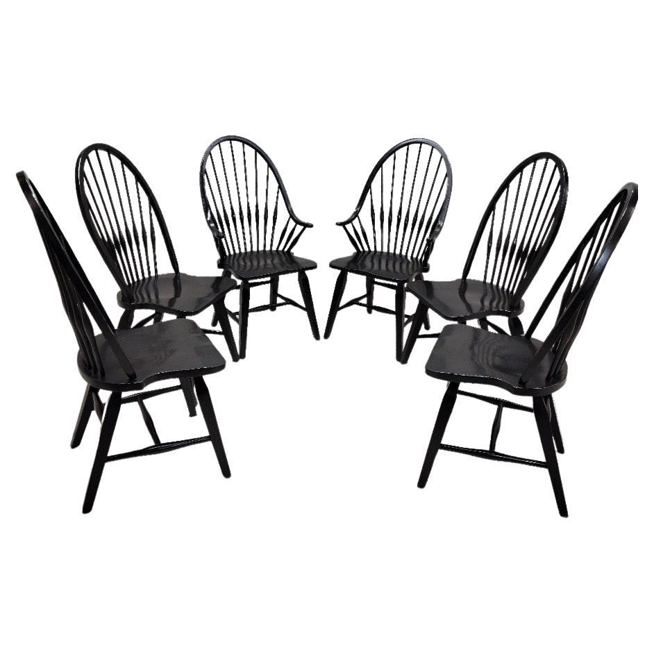 Vintage Farmhouse Ebony Windsor Spindle Back Dining Chairs - Set of 6 For Sale