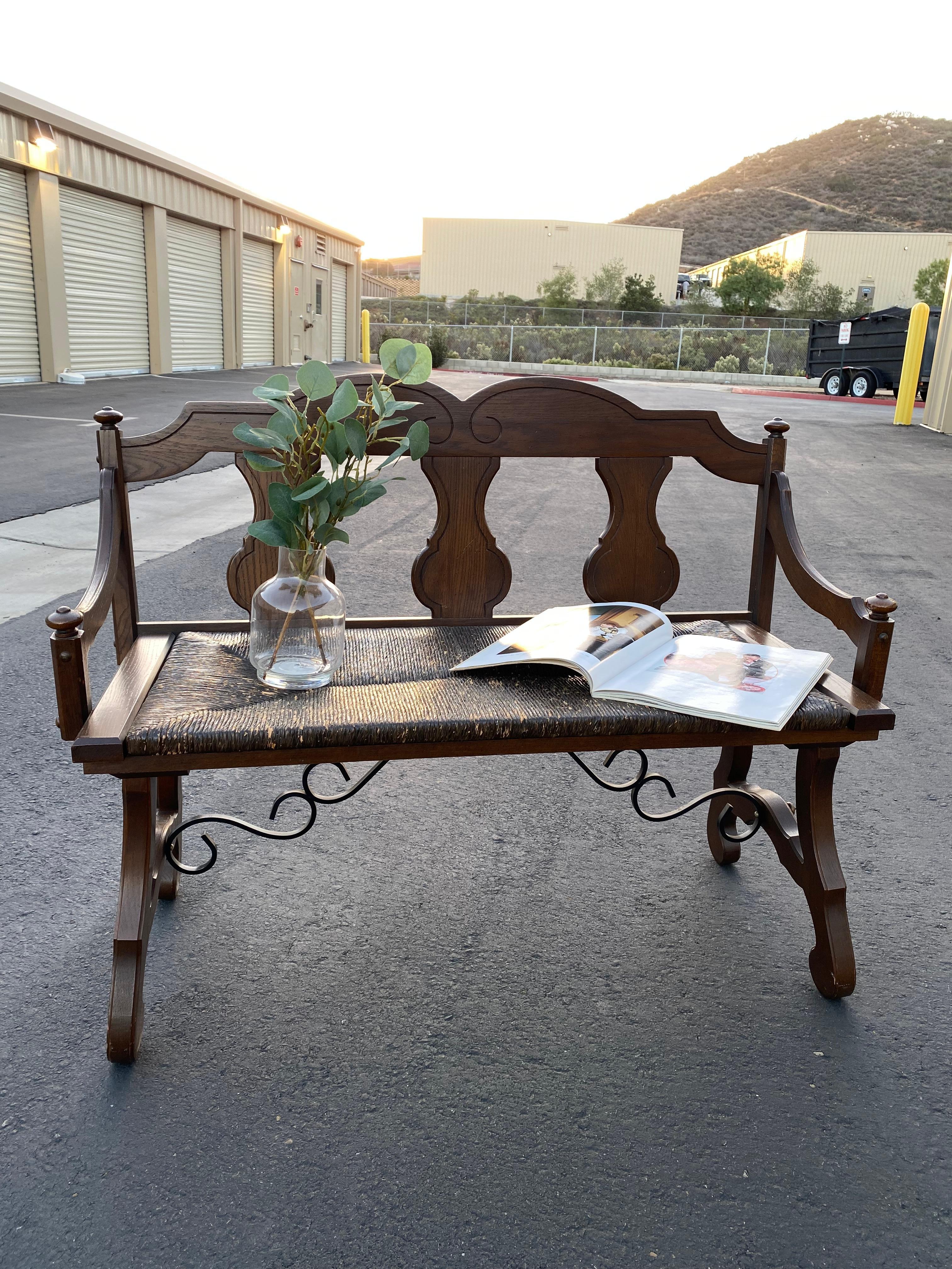 Beautiful bench made of wooden wicker. Distressed look to the seating, a real testament to it’s age. The details in this bench are amazing. Very sturdy and comfortable. Would make a great talking piece!