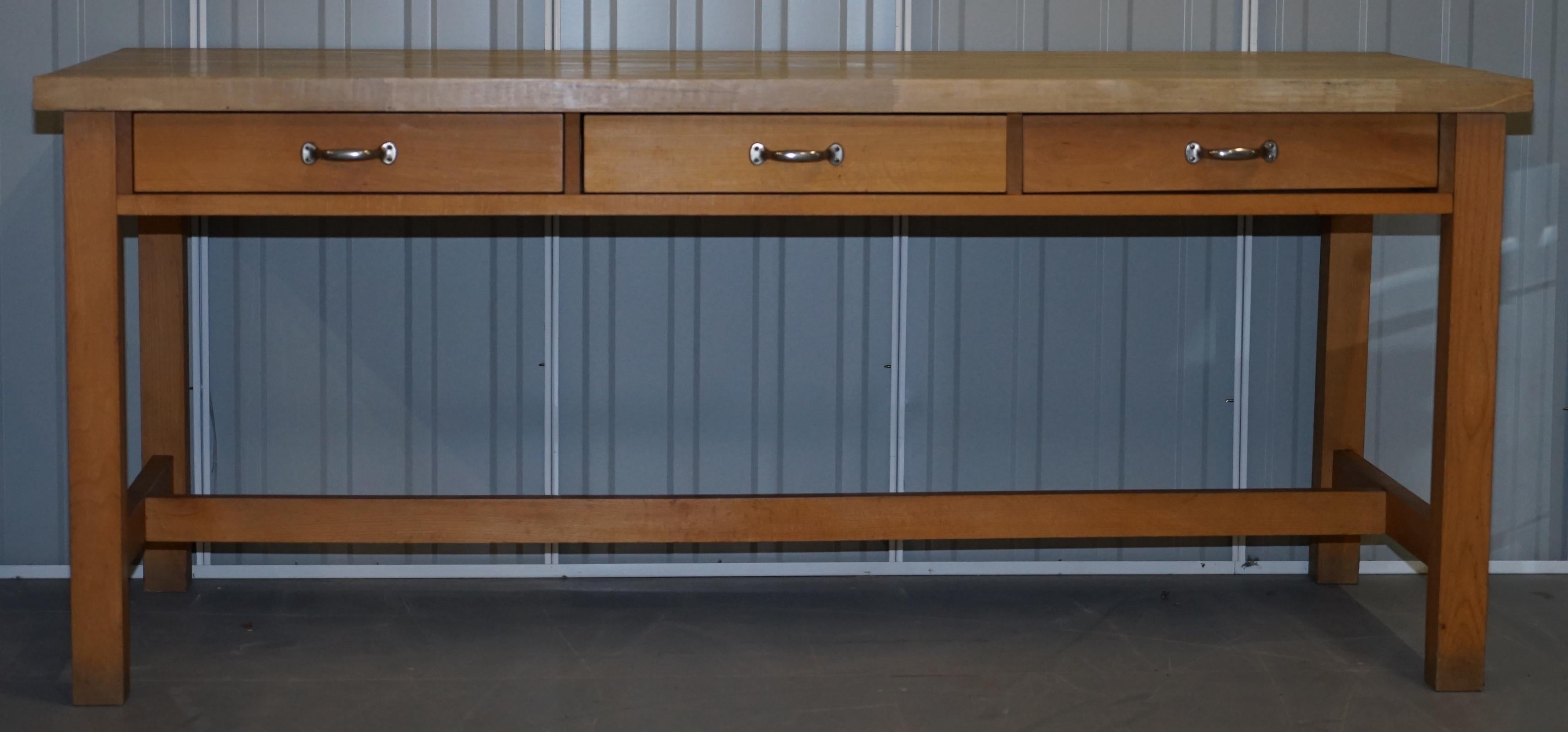We are delighted to offer for sale this lovely vintage style kitchen or dining table with scrub work block top and three drawers either side 

A very good looking and well made table, it seats six with ease and eight at a bit of squeeze. The top