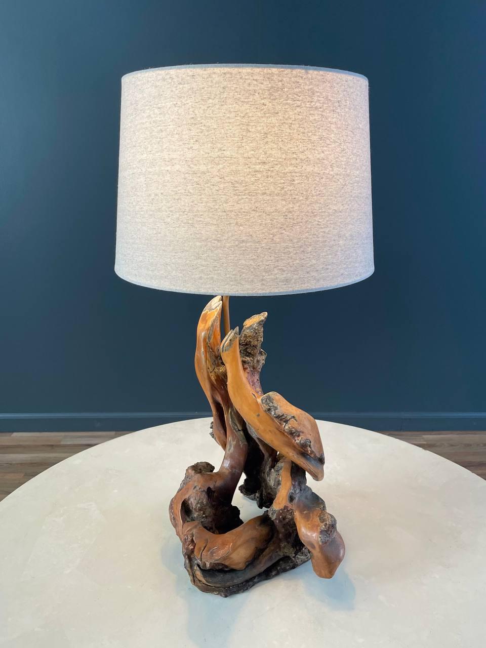 Condition: Newly Rewired, New Shade

Materials: Live Edge Burl Wood, New Shade
Style: Farmhouse 

Dimensions: 
28.50”H x 9.50”W x 11”D
Shade:
10