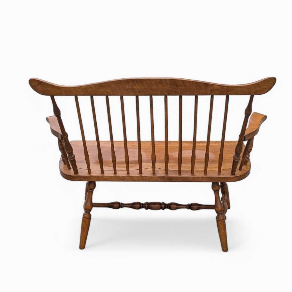 Vintage Farmhouse Spindle Back Wooden Bench, Rustic Charm, USA, c. 1980s en vente 8