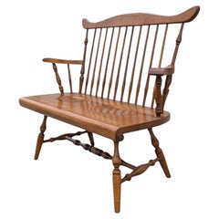 Vintage Farmhouse Spindle Back Wooden Bench, Rustic Charm, USA, c. 1980s