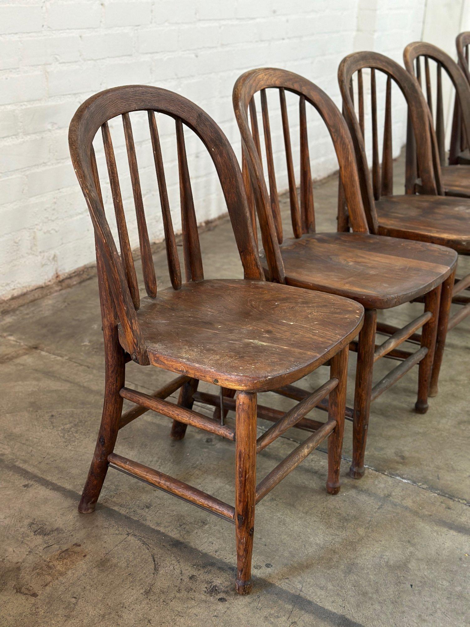 W17 D18 H34 SW17.5 SD16 SH17.5

Vintage Farmhouse Spindle Chairs in AS FOUND vintage condition. Chairs overall show well and feel strong and sturdy. These feature natural age and patina to finish from use. Price is for the set of six. 