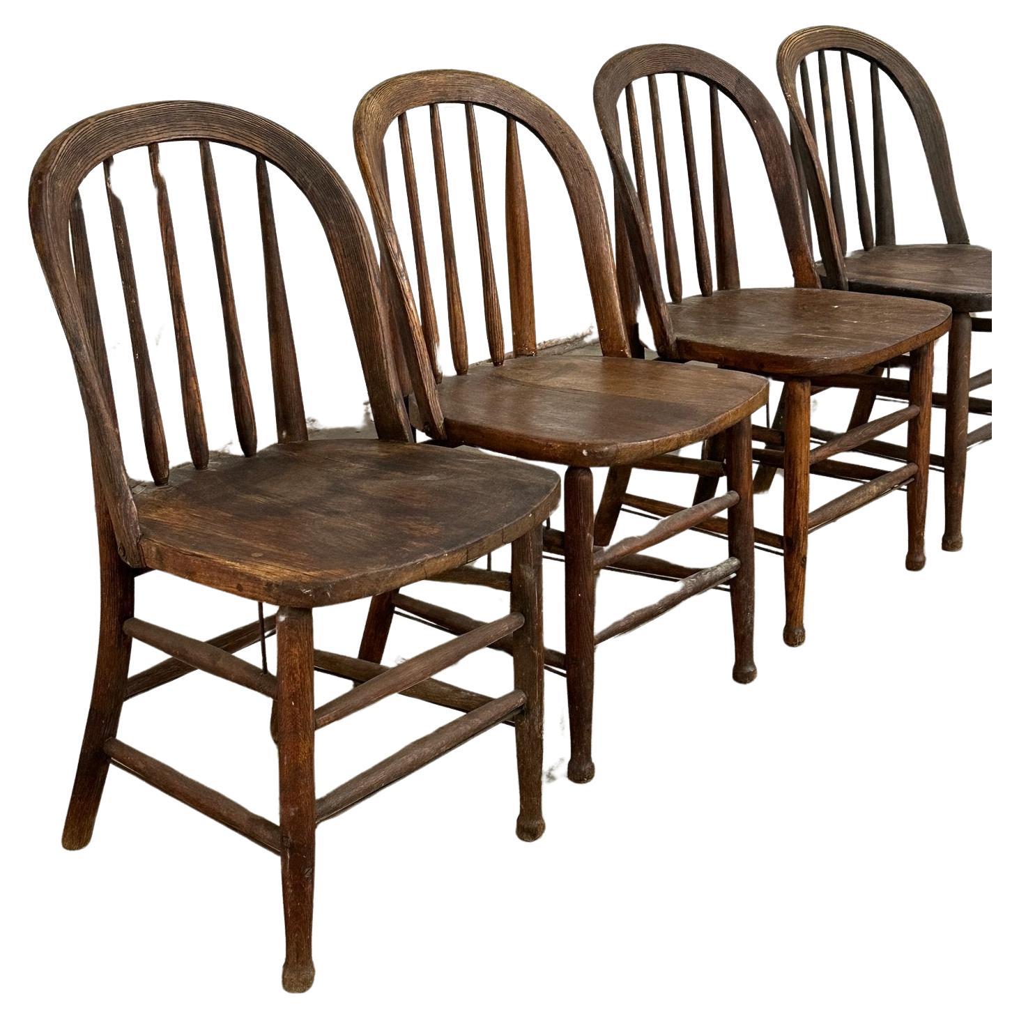 W17 D18 H34 SW17.5 SD16 SH17.5

Vintage Farmhouse Spindle Chairs in AS FOUND vintage condition. Chairs overall show well and feel strong and sturdy. These feature natural age and patina to finish from use. Price is for the set of 4