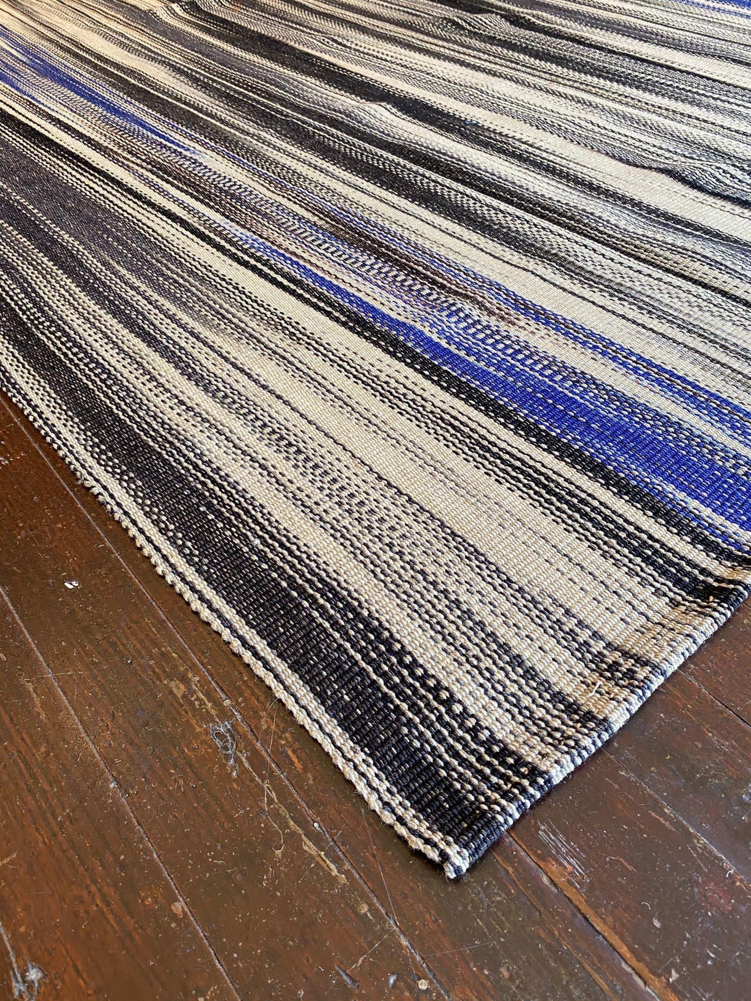 Vintage Fars Kelim rugs are renowned for their intricate designs, exquisite craftsmanship, and vibrant colors. The mirage of blue, beige, grey, and black hues used in these rugs creates a visual feast for the eyes, capturing the attention of any