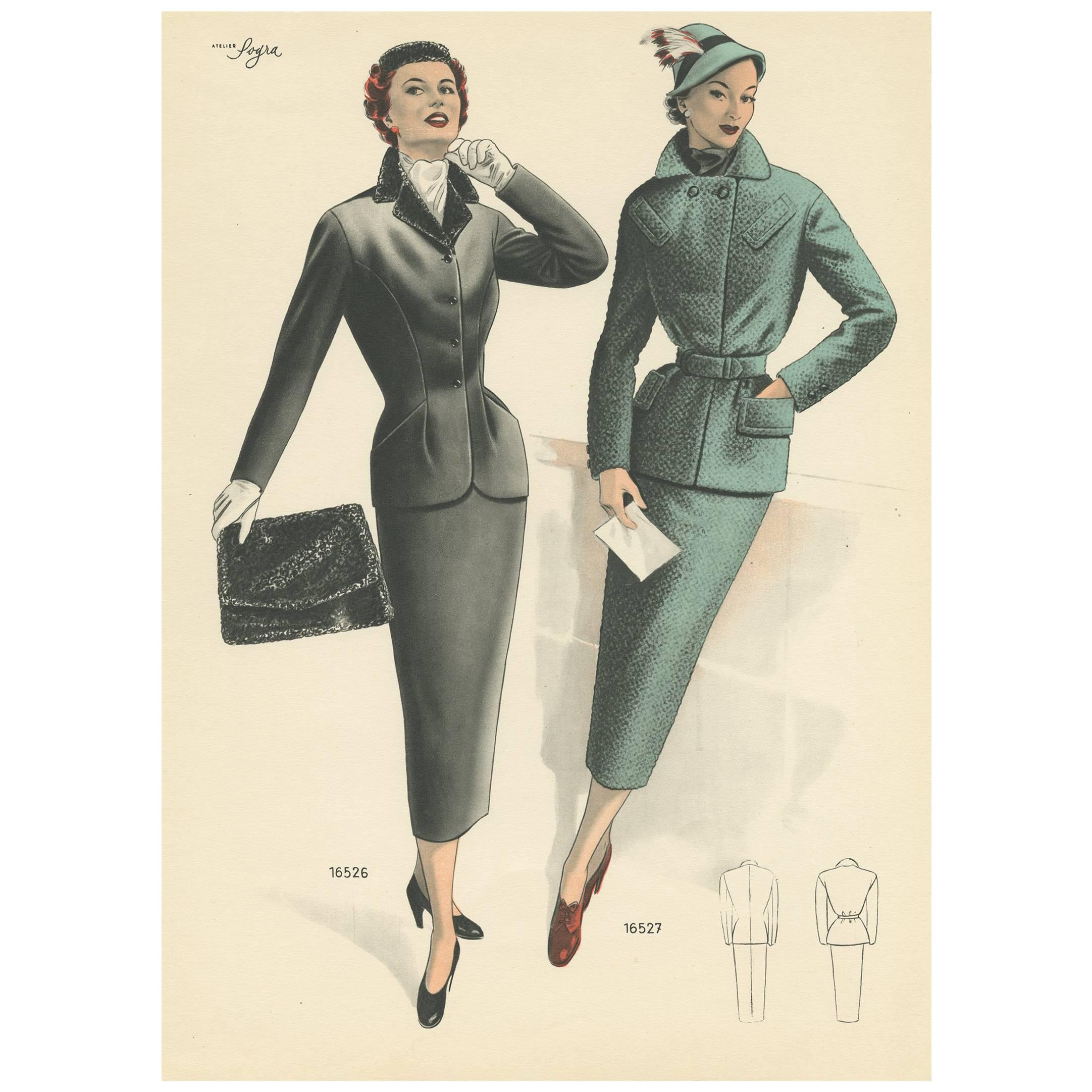 Vintage-Modedruck „Pl. 16526“, veröffentlicht in Le Tailleur Moderne, 1954