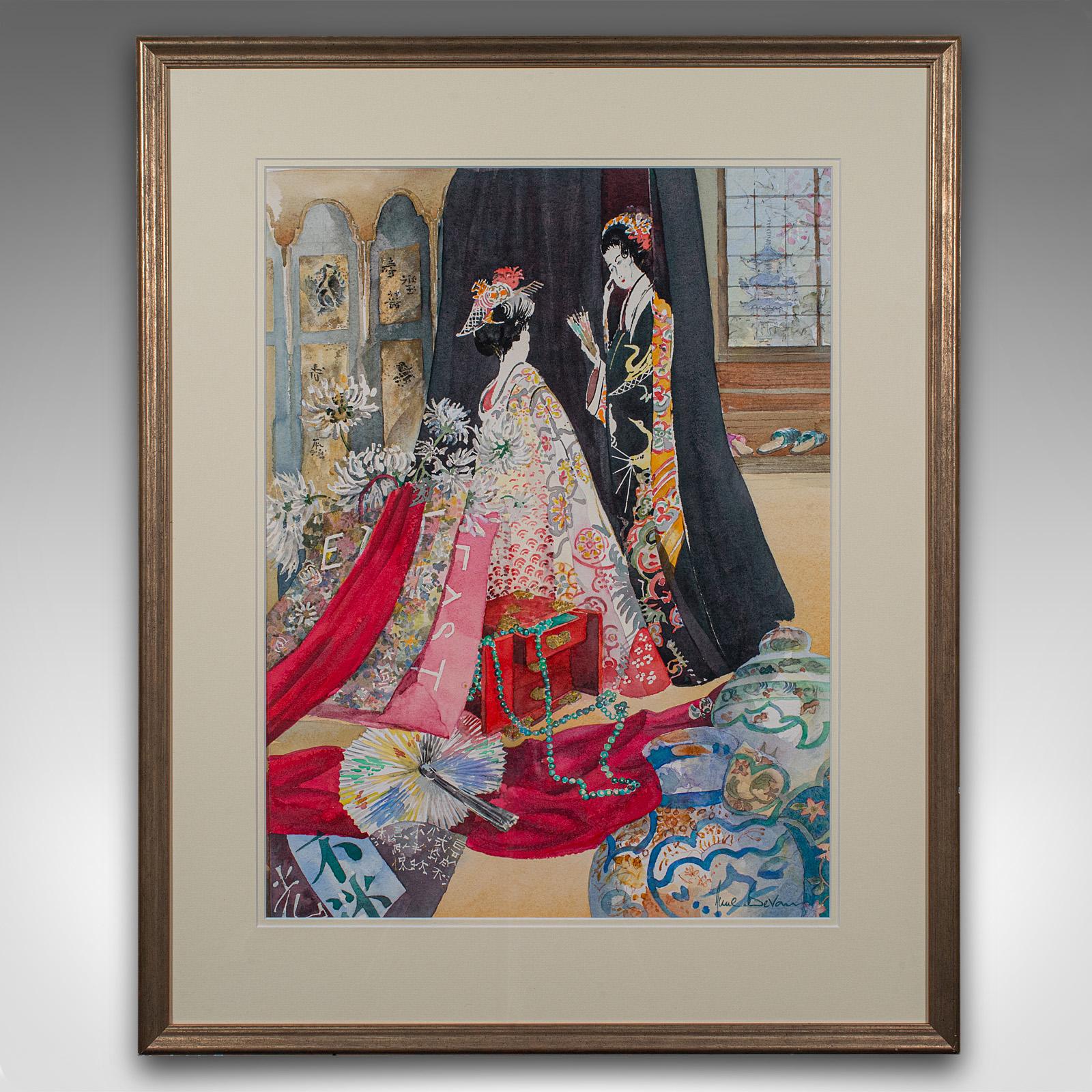 
This is a vintage fashion watercolour 'Decorative Japan'. An English, framed painting, dating to the late 20th century, circa 1990.

Fascinating subject and art style, with vibrant colour
Displays a desirable aged patina and in good order
Quality