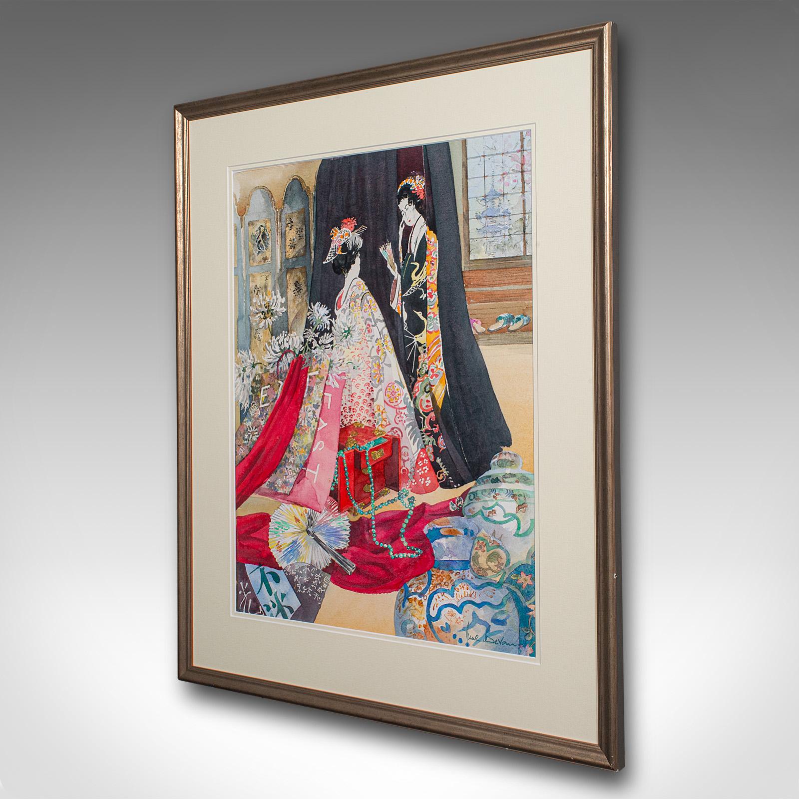 Mid-Century Modern Vintage Fashion Watercolour, English, Framed Painting, Art, Signed, Circa 1990 For Sale
