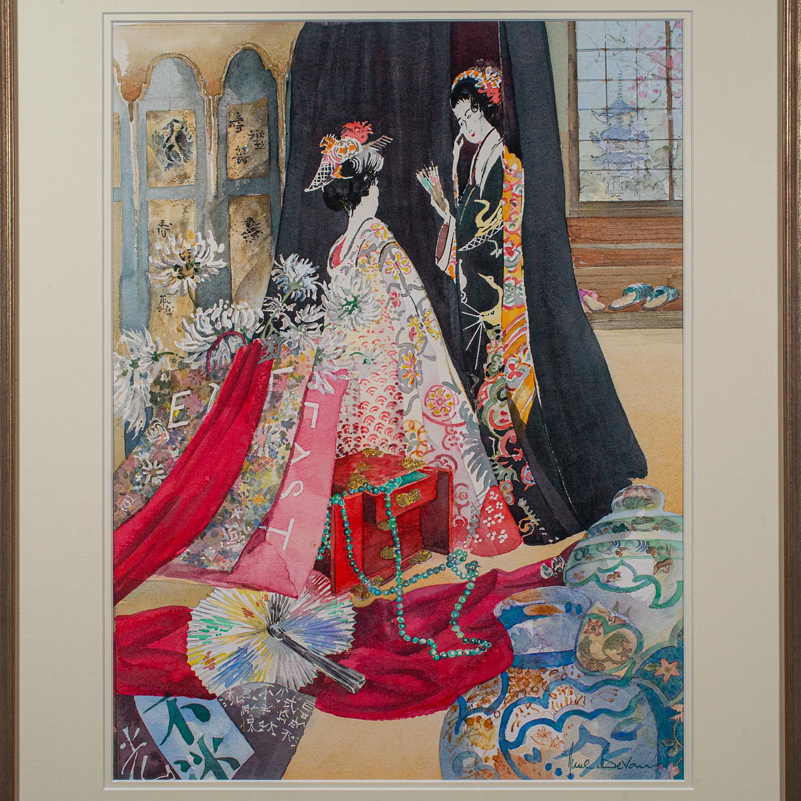 British Vintage Fashion Watercolour, English, Framed Painting, Art, Signed, Circa 1990 For Sale