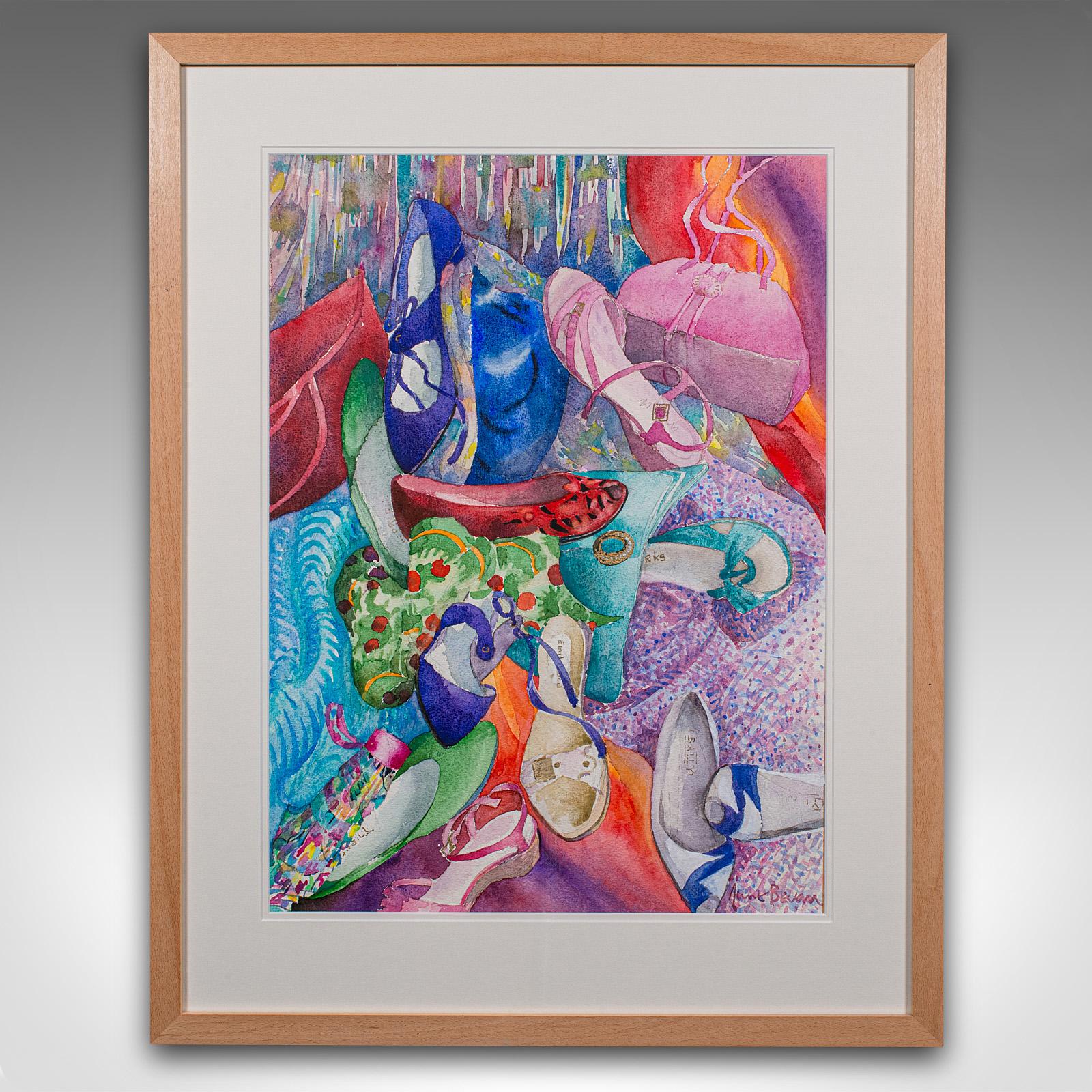 
This is a vintage fashion watercolour 'Shoes & Scarves'. An English, framed painting, dating to the late 20th century, circa 1990.

Highly distinctive subject and striking use of colour
Displaying a desirable aged patina and in good order
Quality