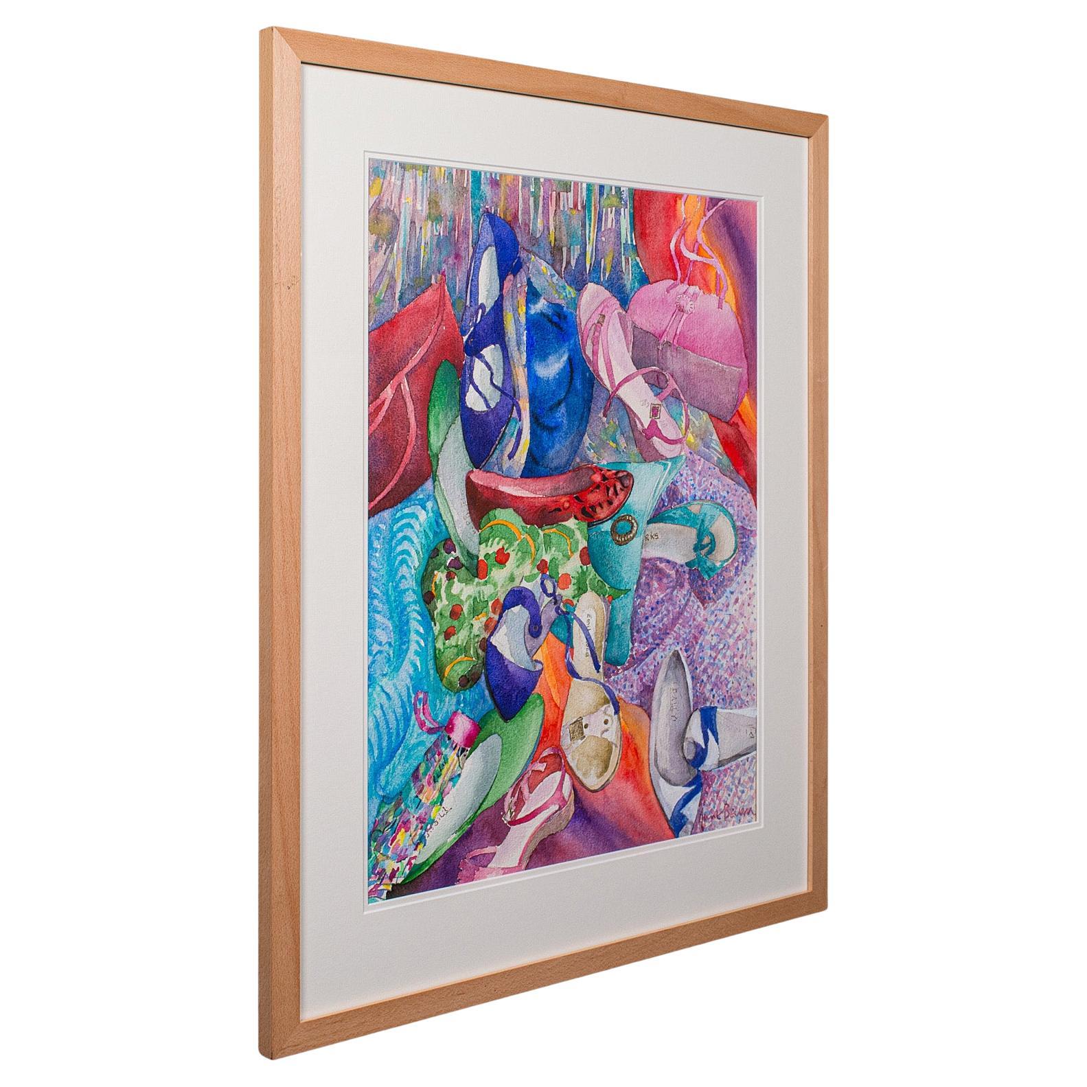 Vintage Fashion Watercolour, English, Framed Painting, Signed Art, Circa 1990