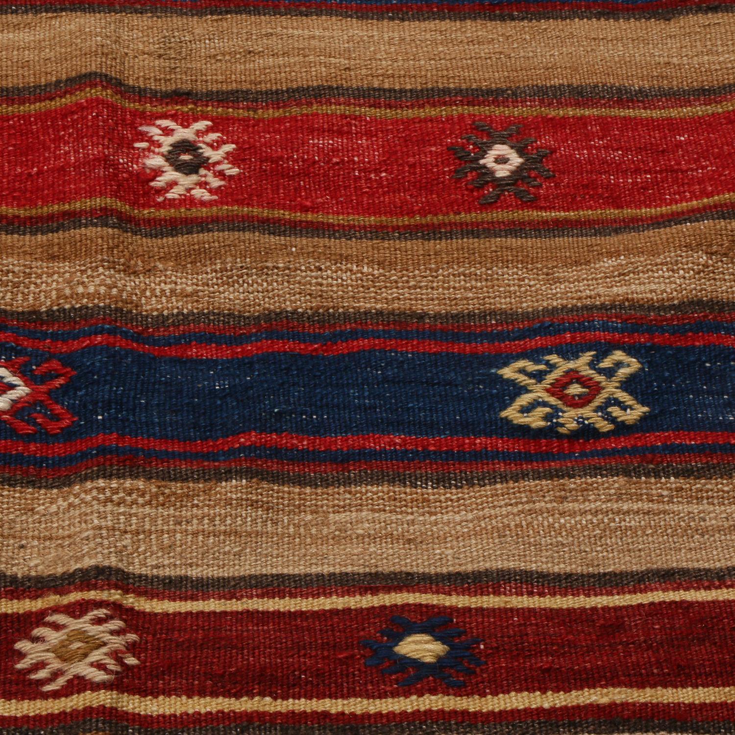 Turkish Vintage Fathiye Geometric Beige-Brown Wool Kilim with Red and Navy Blue Stripes