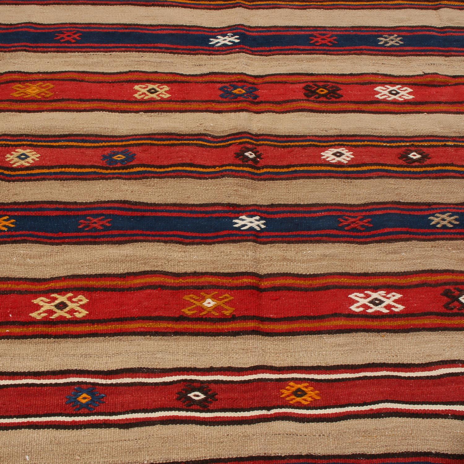 Turkish Vintage Fathiye Beige-Brown Wool Kilim with Red and Blue Stripes by Rug & Kilim