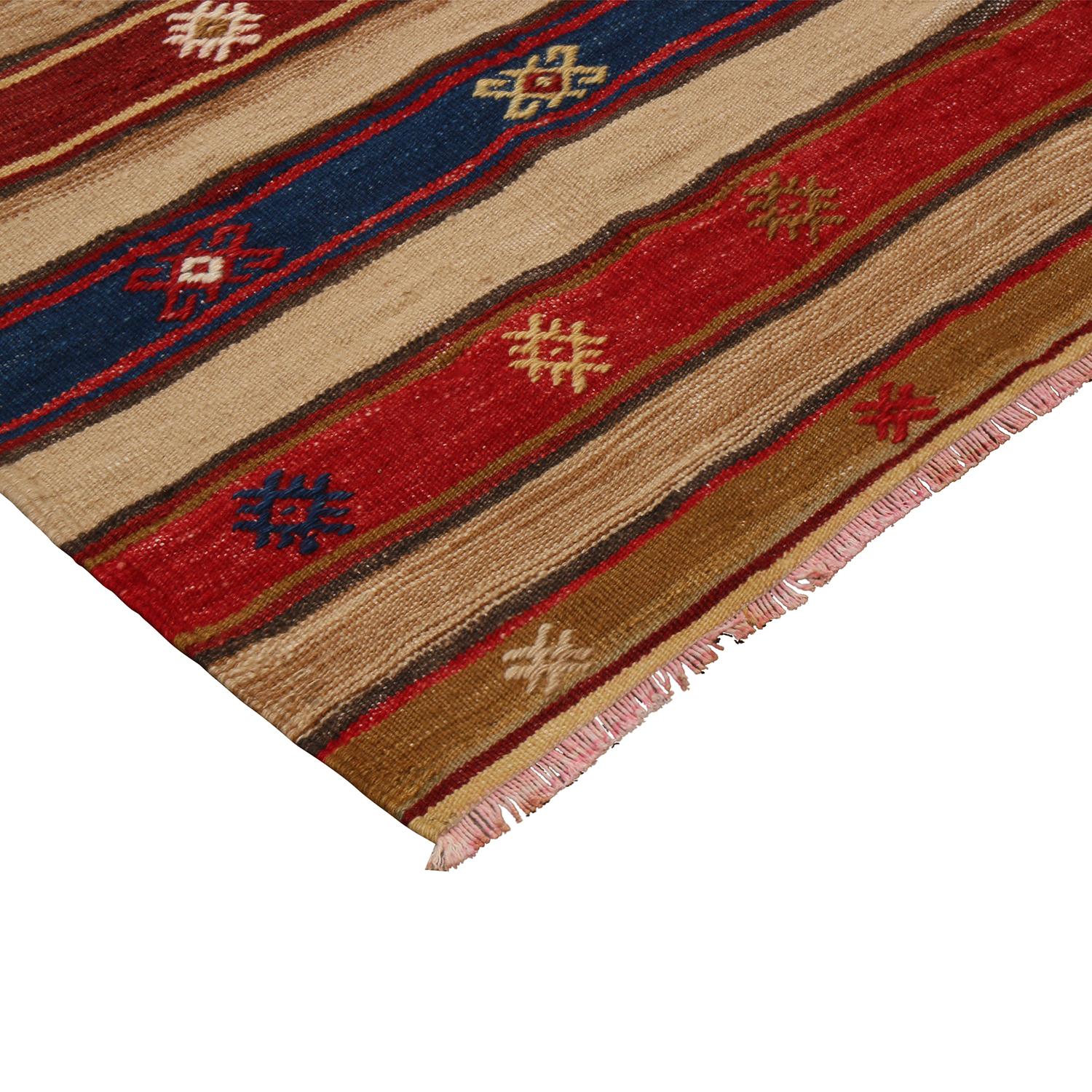 Hand-Woven Vintage Fathiye Geometric Beige-Brown Wool Kilim with Red and Navy Blue Stripes