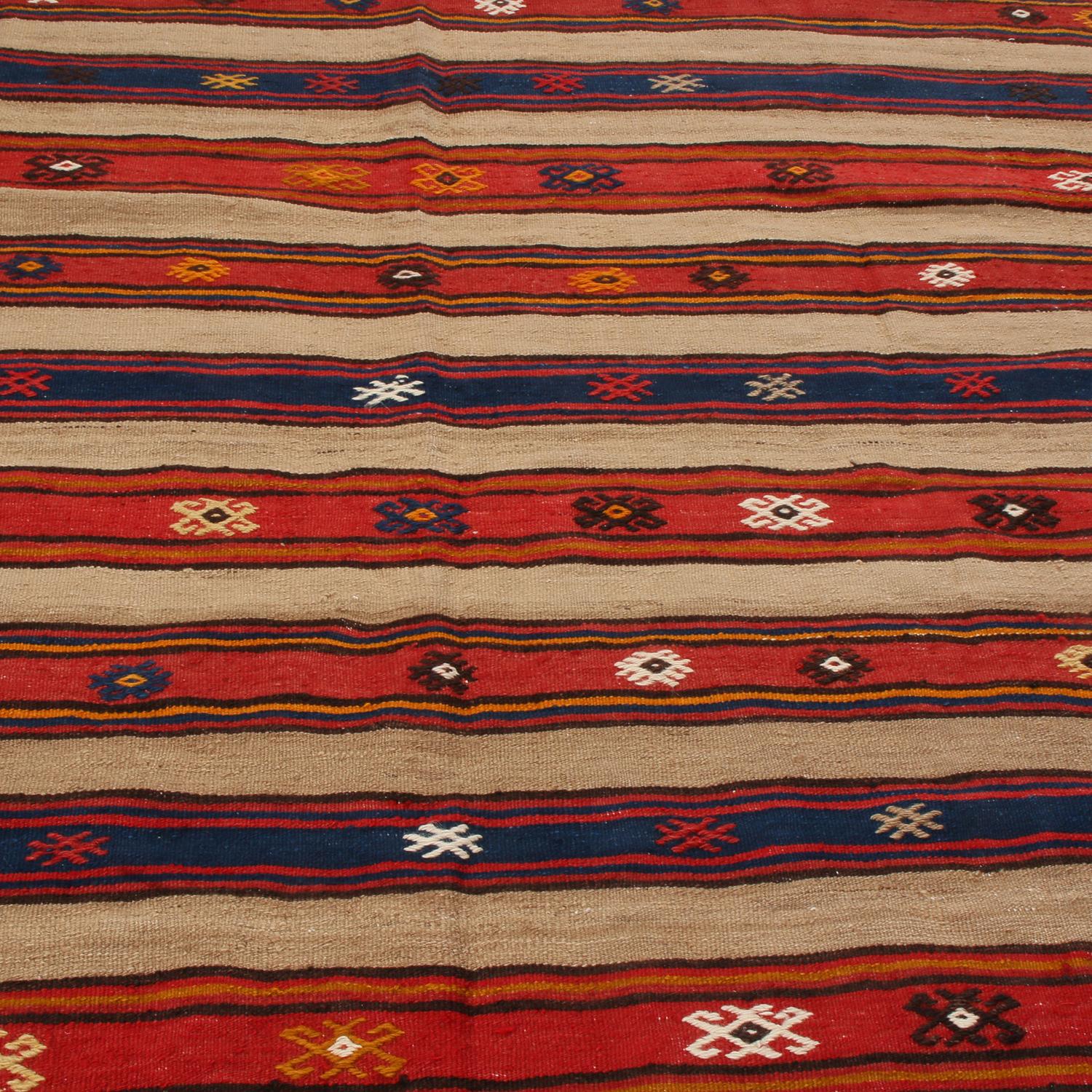 Hand-Woven Vintage Fathiye Beige-Brown Wool Kilim with Red and Blue Stripes by Rug & Kilim