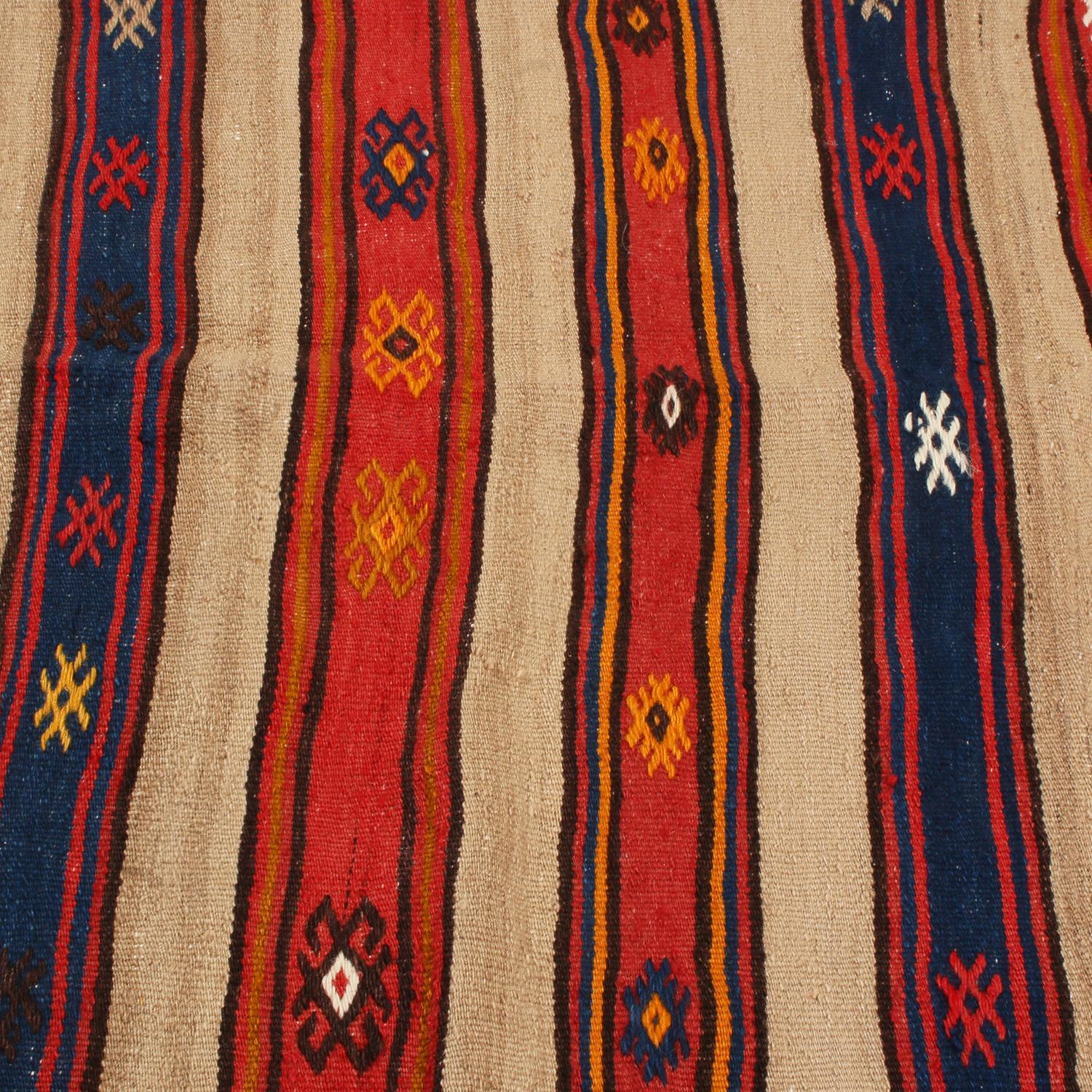 Vintage Fathiye Beige-Brown Wool Kilim with Red and Blue Stripes by Rug & Kilim In Good Condition In Long Island City, NY