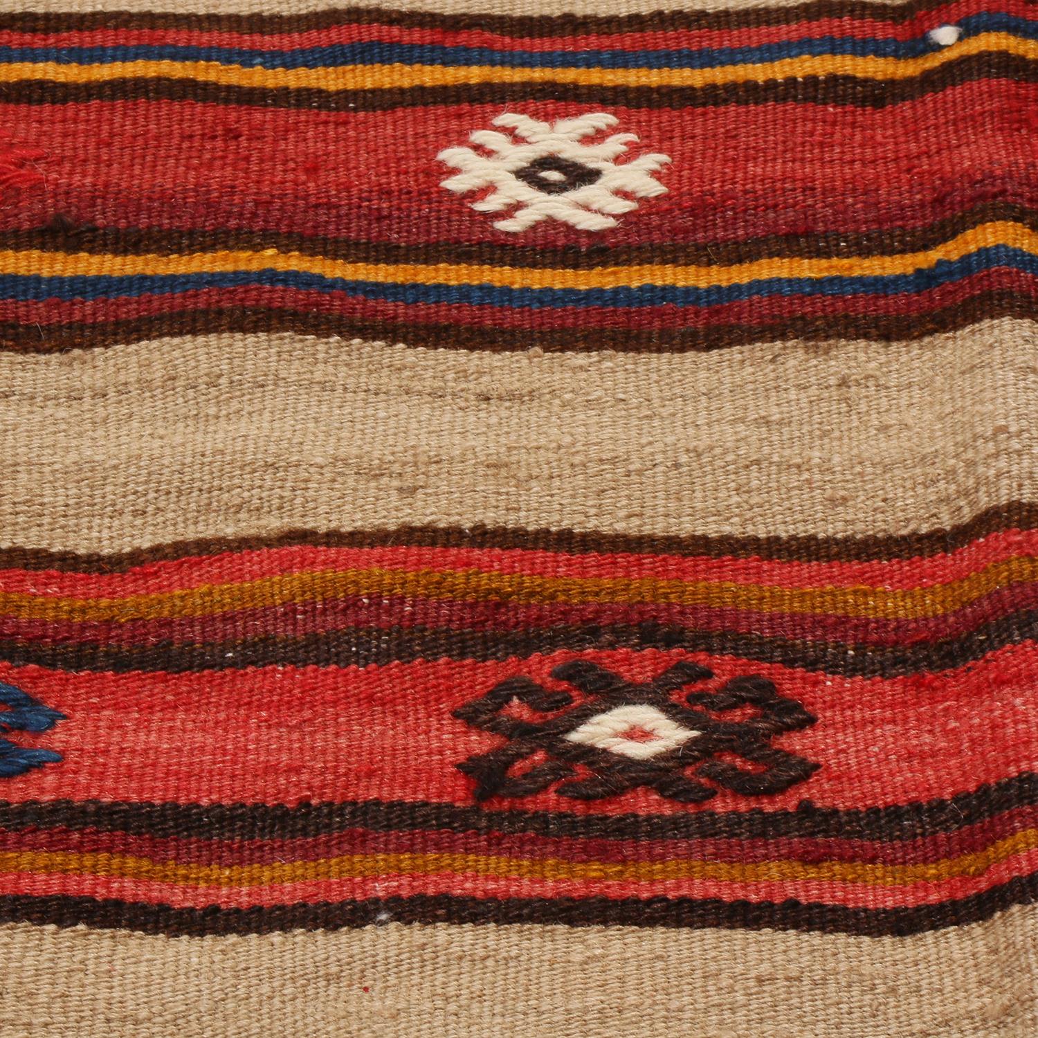 Vintage Fathiye Beige-Brown Wool Kilim with Red and Blue Stripes by Rug & Kilim 1