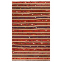 Vintage Fathiye Beige-Brown Wool Kilim with Red and Blue Stripes by Rug & Kilim