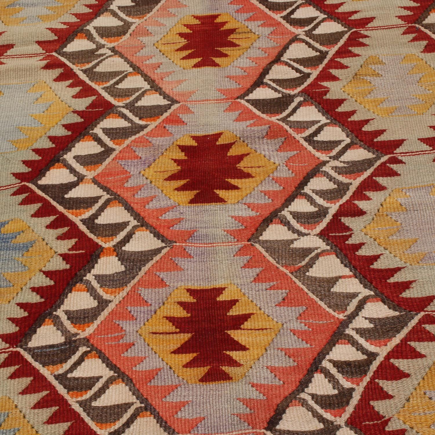 Turkish Vintage Fathiye Pastel Blue and Pink Wool Kilim Rug with Vibrant Accents