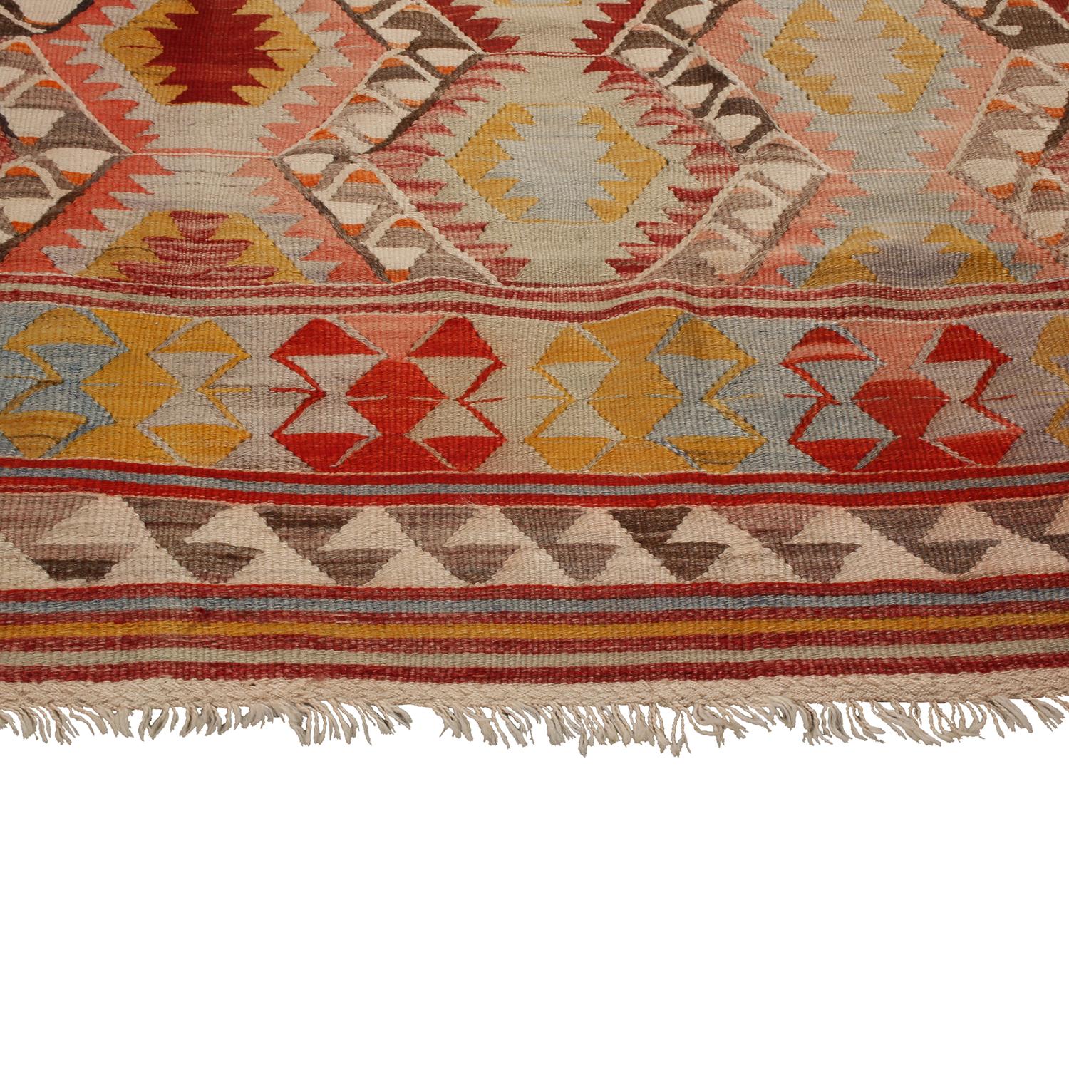 Hand-Woven Vintage Fathiye Pastel Blue and Pink Wool Kilim Rug with Vibrant Accents