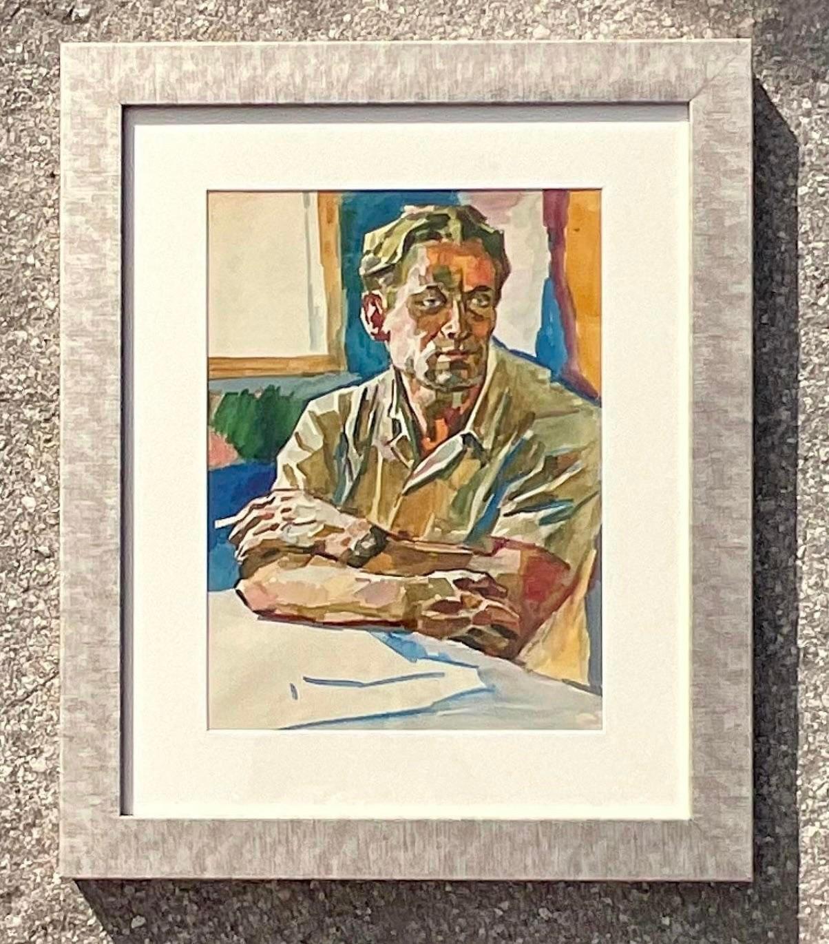 An exceptional vintage Boho Original oil portrait on paper. A chic Fauve style composition of a handsome man. Newly framed. Acquired from a Palm Beach estate.