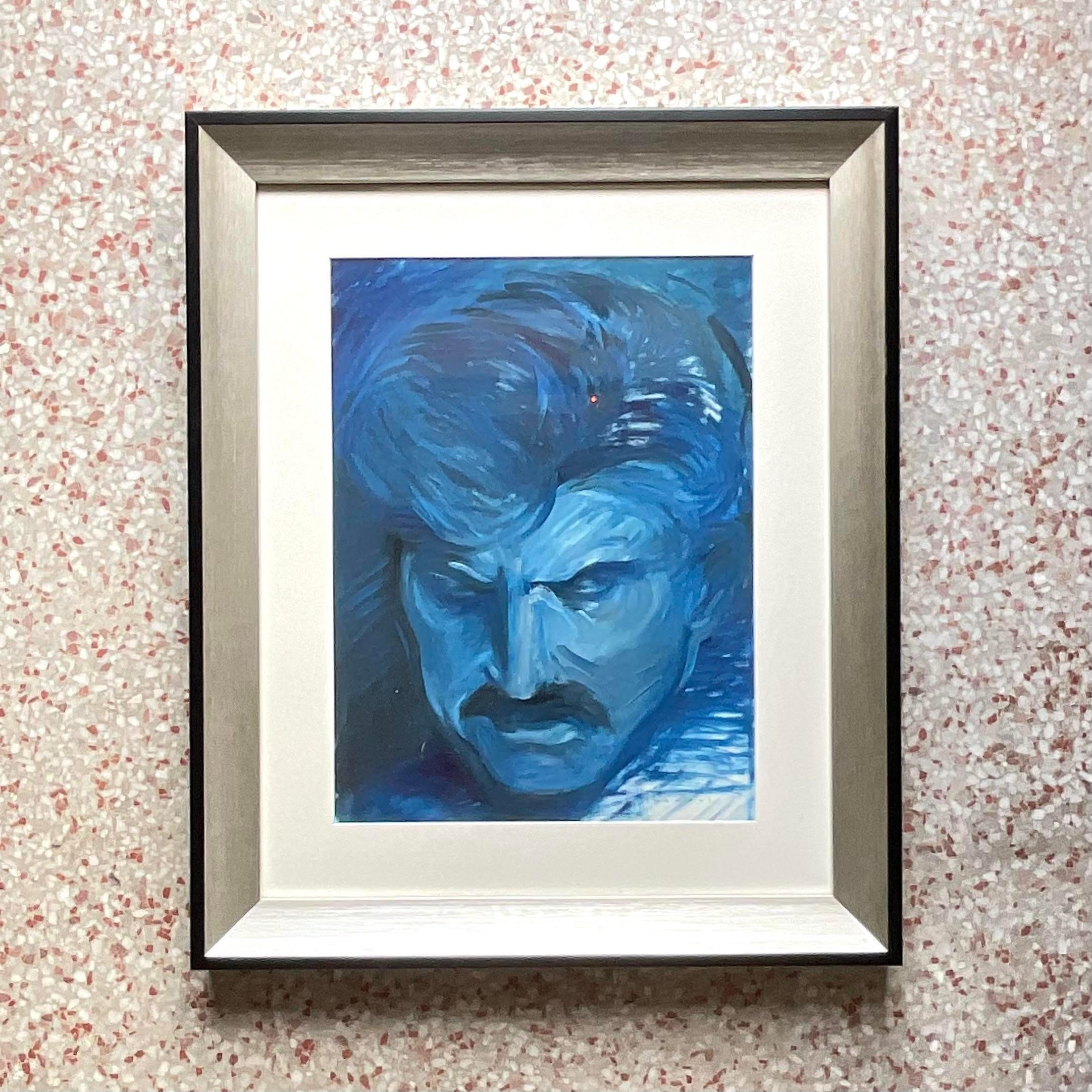 Vintage Boho original oil painting on paper. A fabulous portrait of a man in all shades of blue. Signed by the artist. Acquired from a Palm Beach estate.