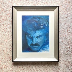 Vintage-Ölgemälde: Signiertes, blaues, expressionistisches Männerporträt