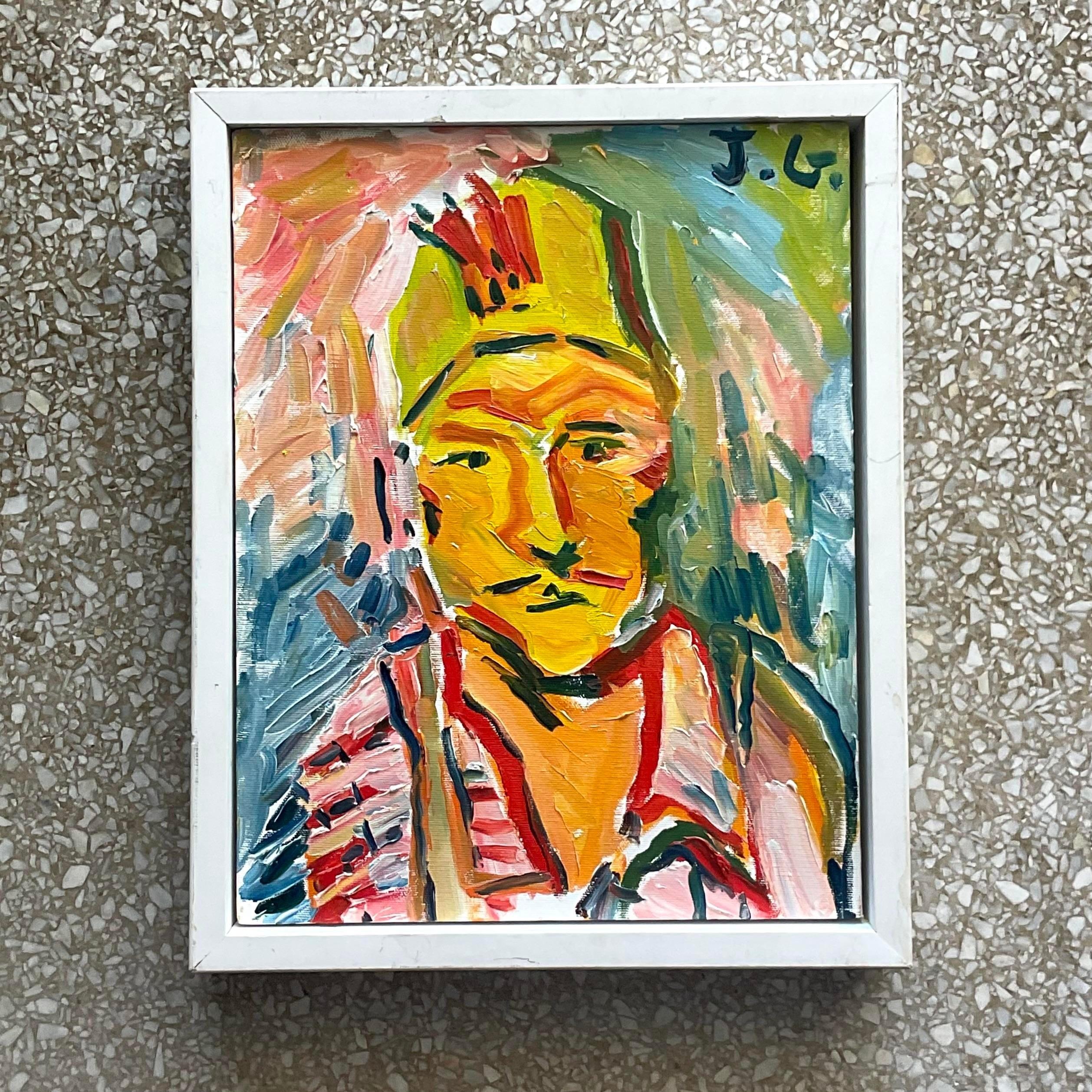 A fabulous vintage Boho original oil portrait on board. A chic and colorful composition of a man in a fez. Signed by the artist. Acquired from a NY estate.