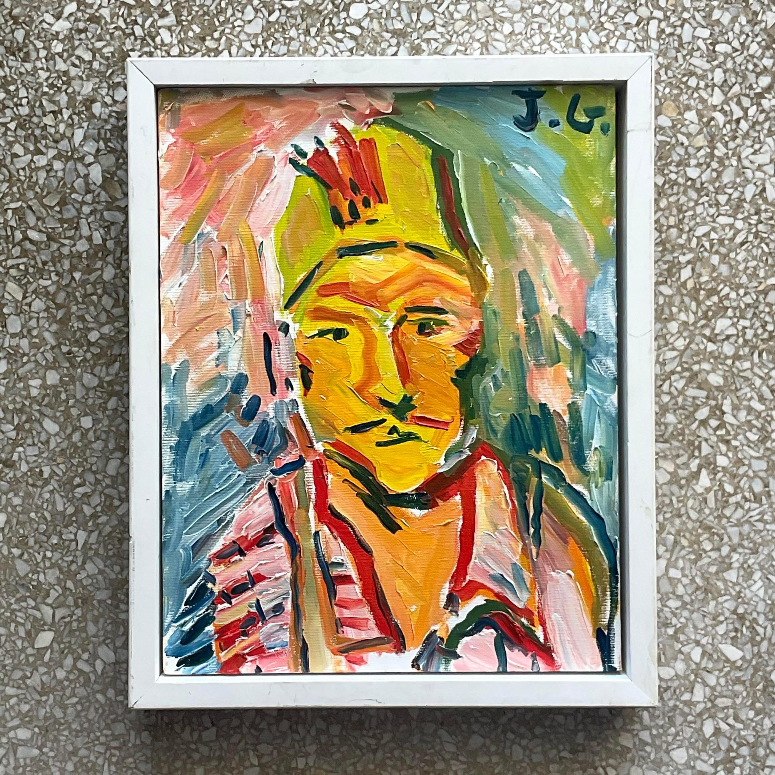 American Vintage Fauvist Signed Original Oil Portrait Painting on Board For Sale