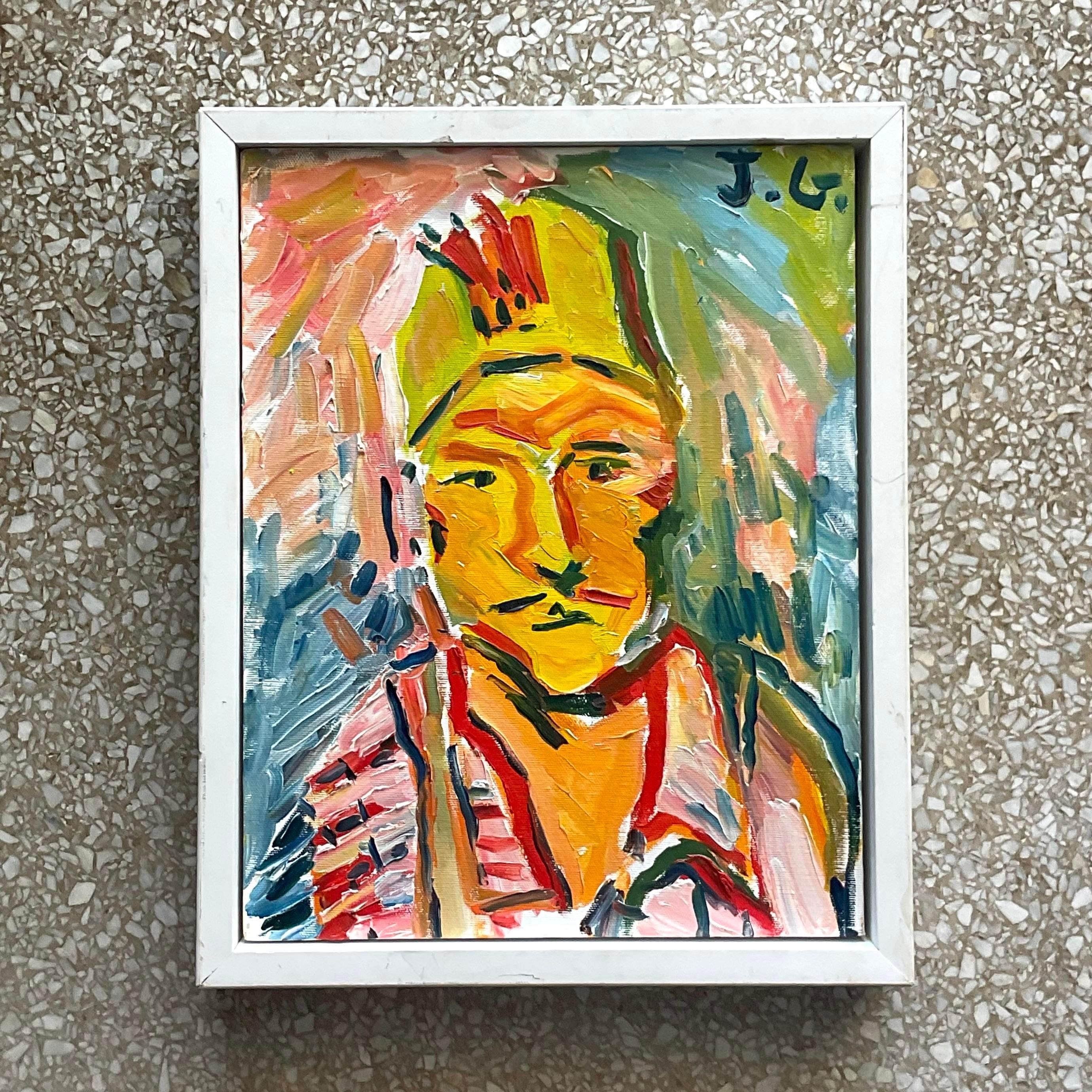 Vintage Fauvist Signed Original Oil Portrait Painting on Board In Good Condition For Sale In west palm beach, FL