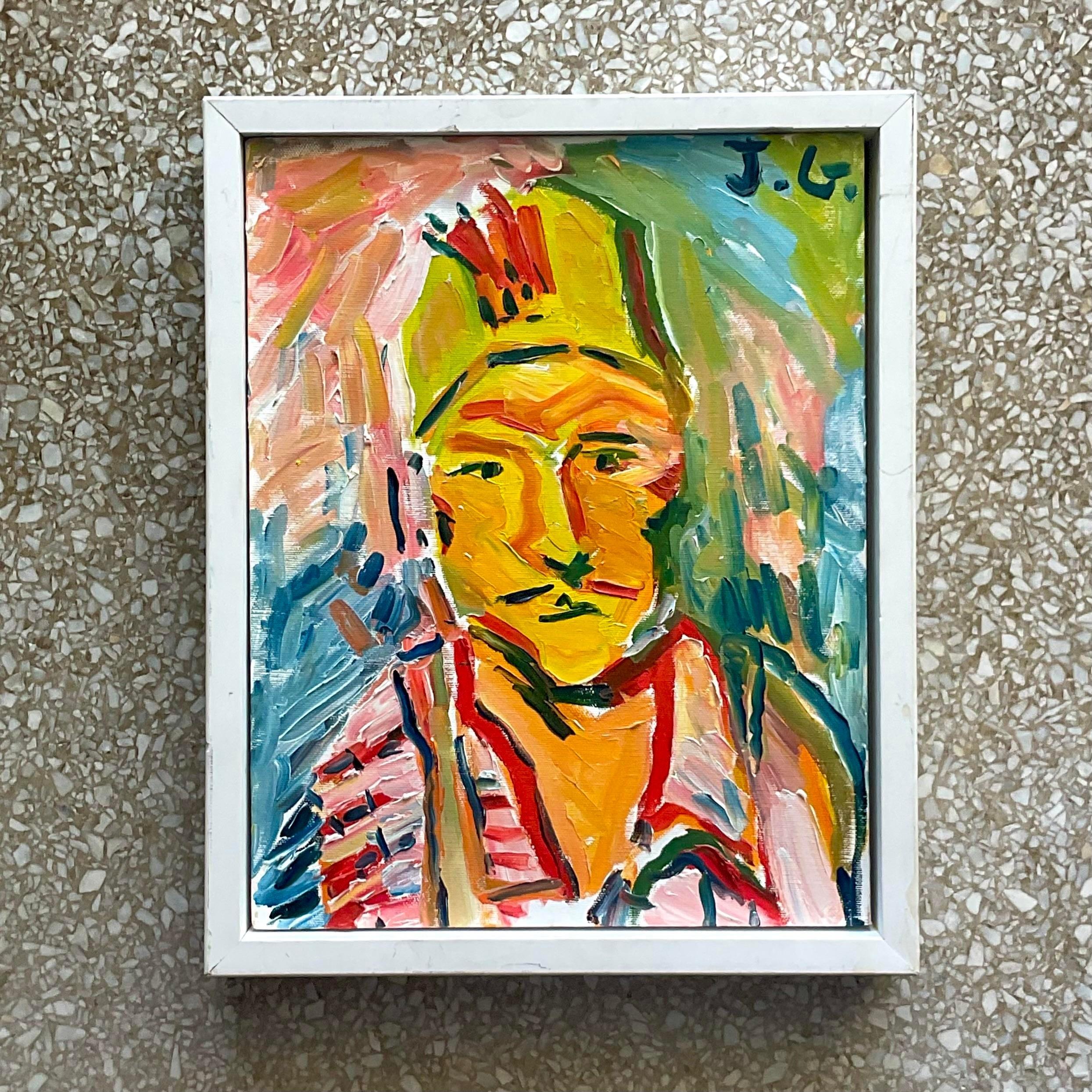 20th Century Vintage Fauvist Signed Original Oil Portrait Painting on Board For Sale