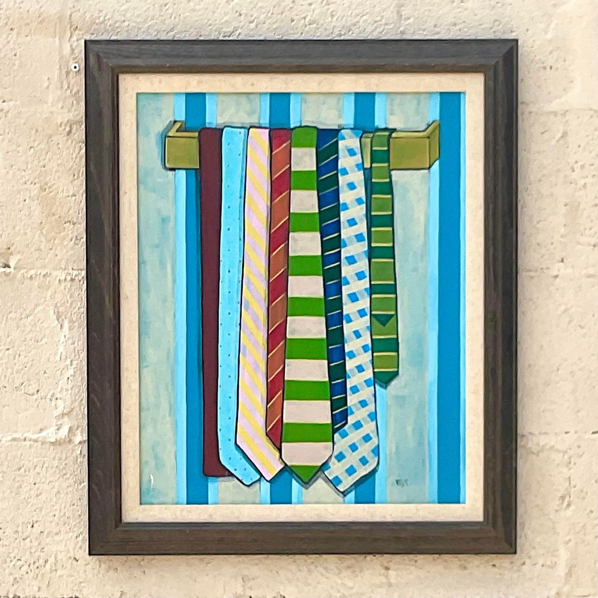 Vintage Boho original oil painting. A chic composition of ties in bright clear colors. Signed by the artist. Acquired from a Palm Beach estate.