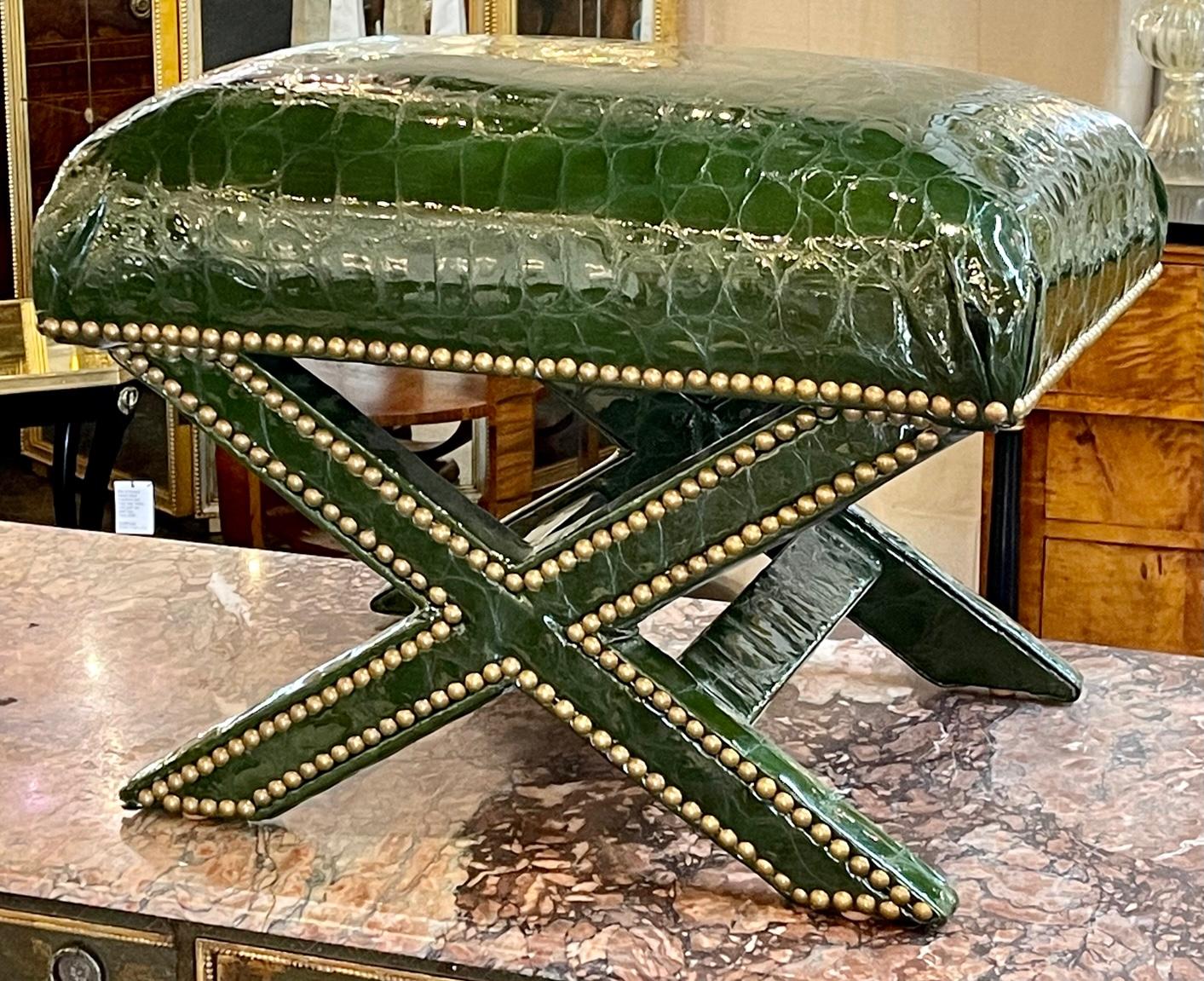 Vintage faux green alligator and brass nail head X form bench. Circa 1980. Perfect for today's transitional designs!