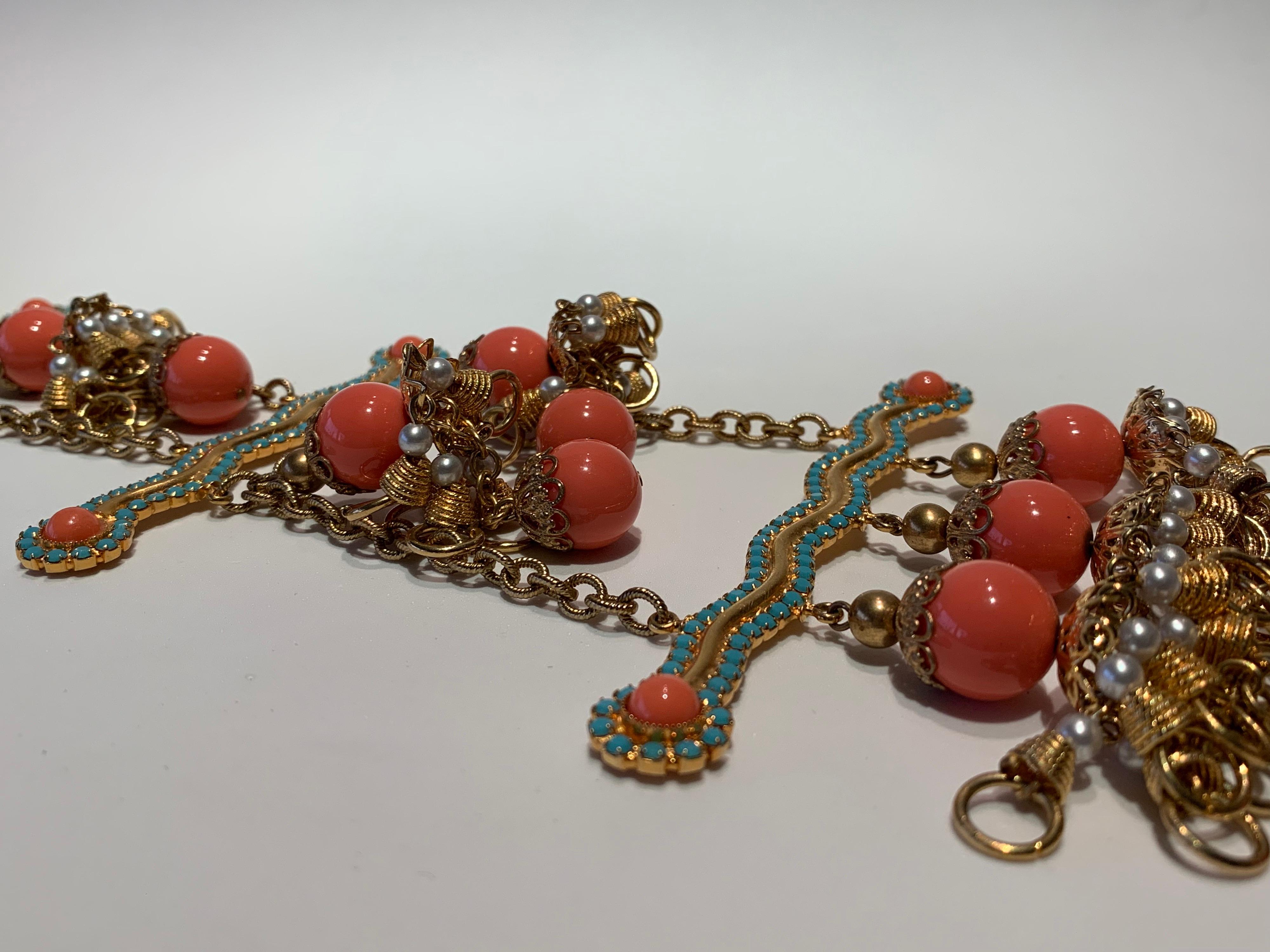 Vintage Faux Angel Skin Coral and Persian Turquoise Gilt Statement Necklace  10